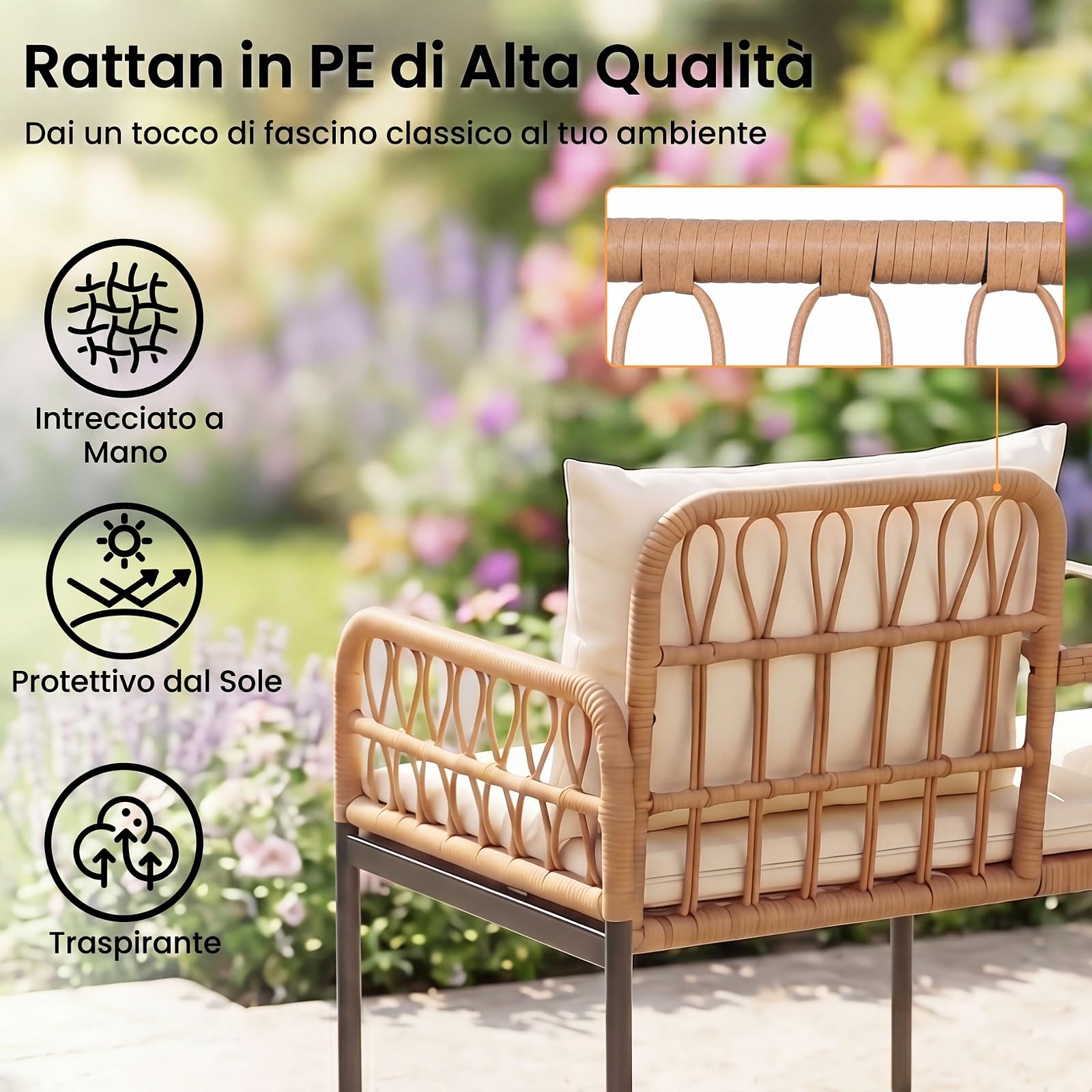 COSTWAY Divano da Giardino in Rattan PE con Tavolino in Vetro Temperato | Panchina Esterno a 2 Posti con Cuscini Imbottiti per Balcone, Terrazza e Cortile, Portata 150 kg