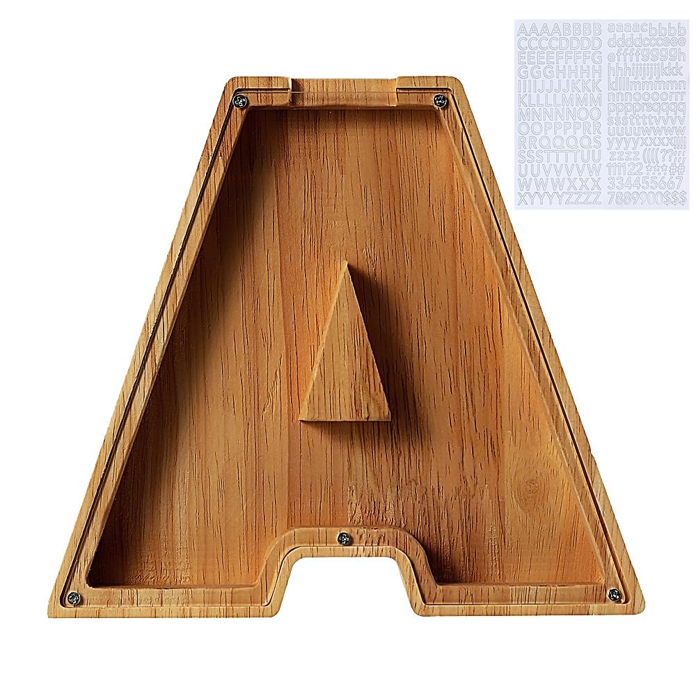 Letters Wooden Money Box with Alphabet Stickers for Kids, Personalised Money Box,Kids Money Box, Piggy Banks for Kids, Savings Tin for Christmas Birthday back shcool (A)