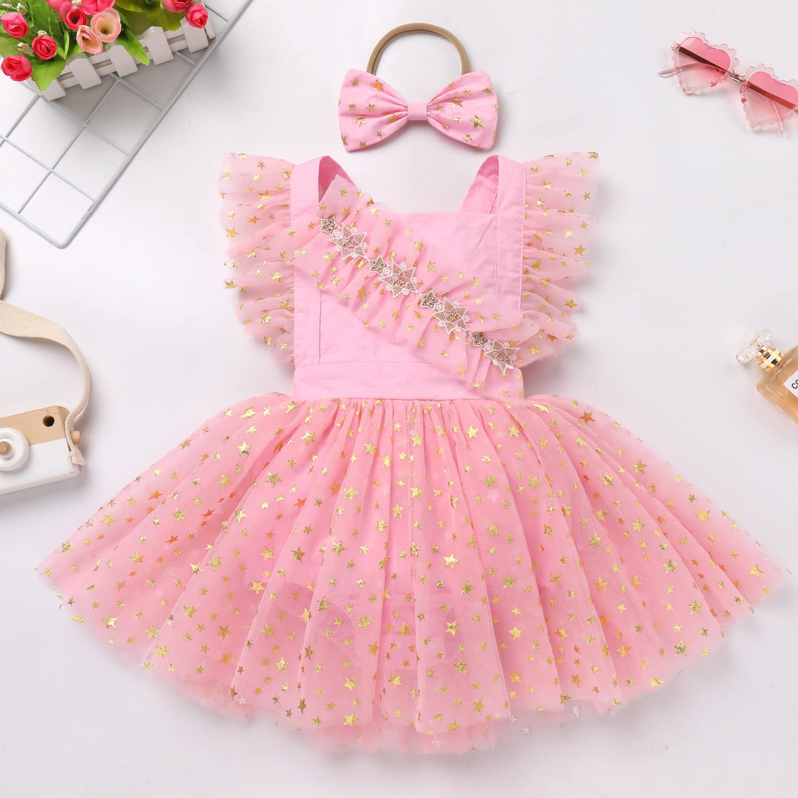 4th of July Baby Girl Outfits, My First 4th of July Baby Girl Outfit Patriotic Baby Clothes, Baby Girl 1st Birthday Outfit Boho Dress Summer Cake Smash Photo Shoot Clothes Pink & Star 18-24 Months