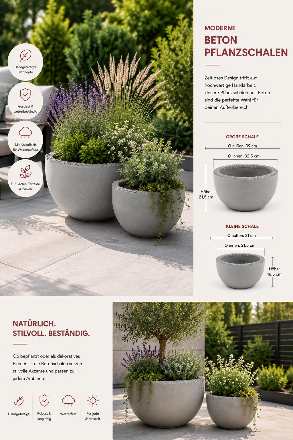 Beton Pflanzschale Rund Pflanzgefäß Blumenschale Pflanzkübel Betonschale Garten Terrasse Sparset (2er Set Ø31 cm + Ø39 cm)