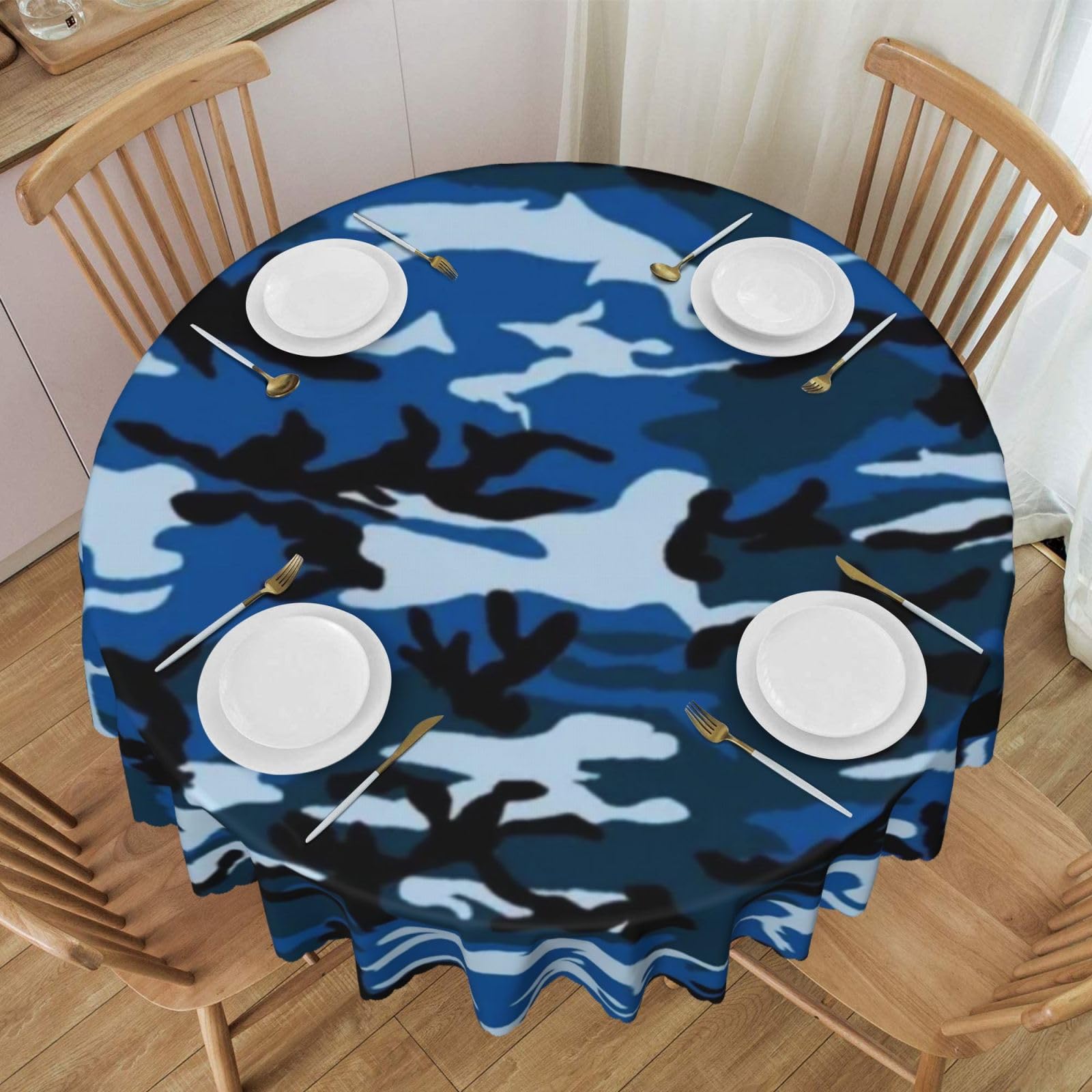 DCEHGEW 60 In Round Tablecloth with Lace, Blue Camouflage Pattern Printed Oilproof & Washable Fabric Picnic Table Cloth Table Covers