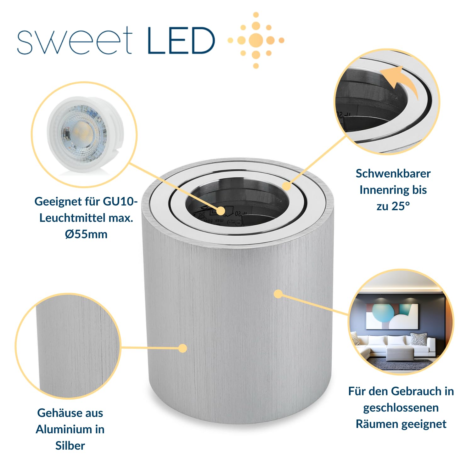 Sweet LED 4x marco de superficie de aluminio - foco de superficie IP20 orientable con casquillo GU10, 230V - focos de superficie redondos - 80x84mm, plateado
