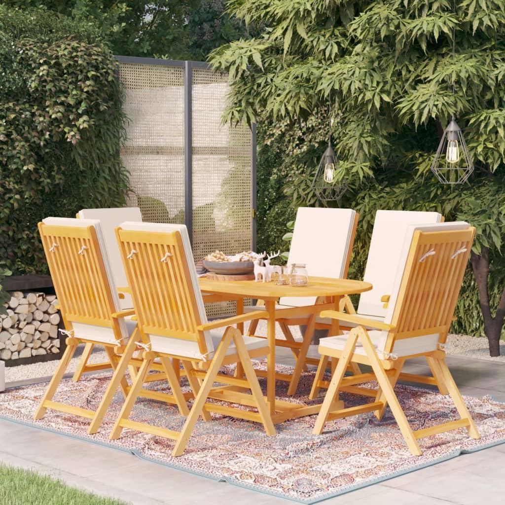 Set di mobili da giardino da 7 pezzi con cuscini, legno di teak massiccio, sedie pieghevoli con schienale regolabile in 5 posizioni, foro per ombrellone, fino a 110 kg per sedile