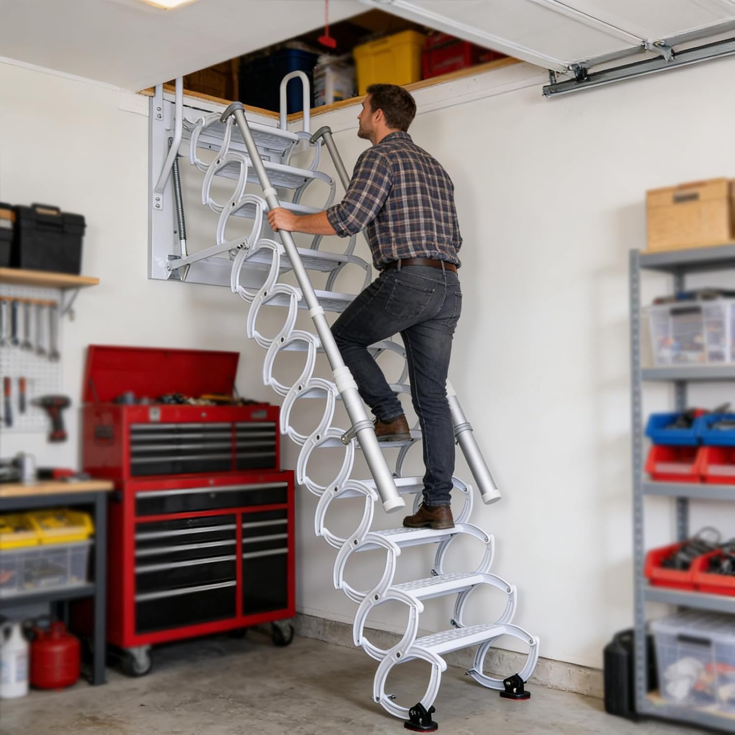 12 Steps Attic Stairs,Wall Mounted Folding Loft Ladder,Retractable Collapsible Stairs,Extension Steps Ladder with Armrests,Telescoping with Pulldown System (White, Step 12)