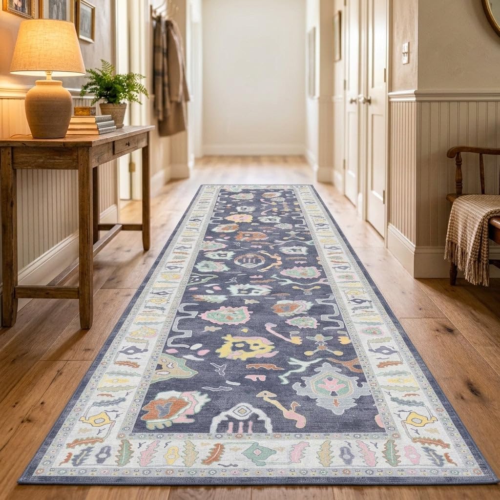 Fame Rugs Navy Blue Modern Oushak Rug 2'6"x7', Washable Vintage Turkish Colorful Oriental Antique Inspired Foldable Small Runner Rugs, Luxury Living Room Bedroom (388NB, 2'6" x 7')