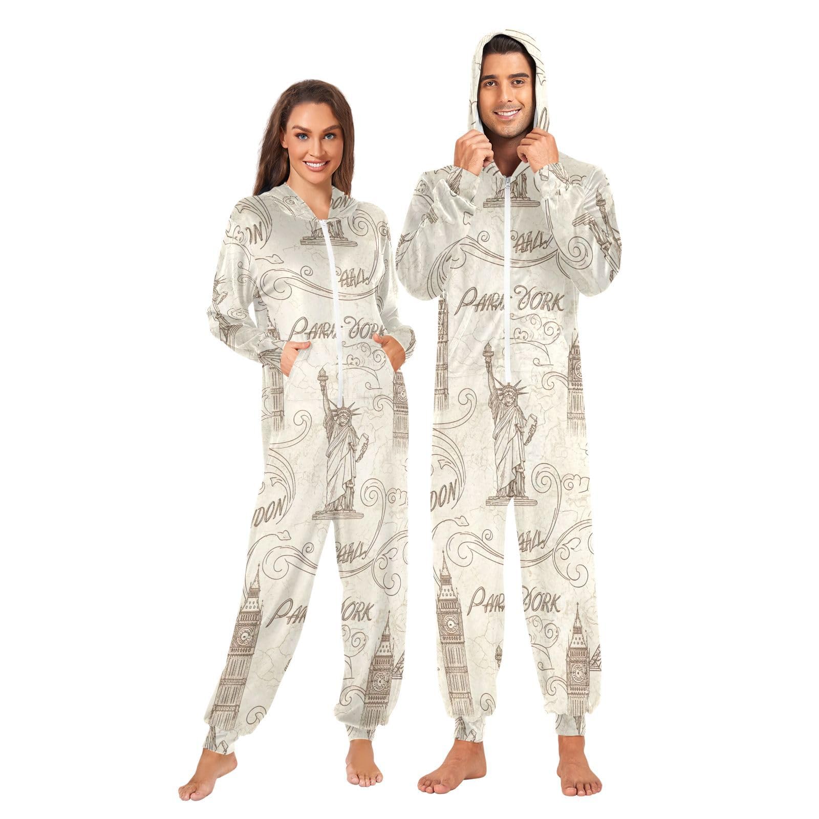 Pigiama natalizio vintage Londra Parigi beige adulto donna monopezzo con cappuccio, tuta natalizia per adulti