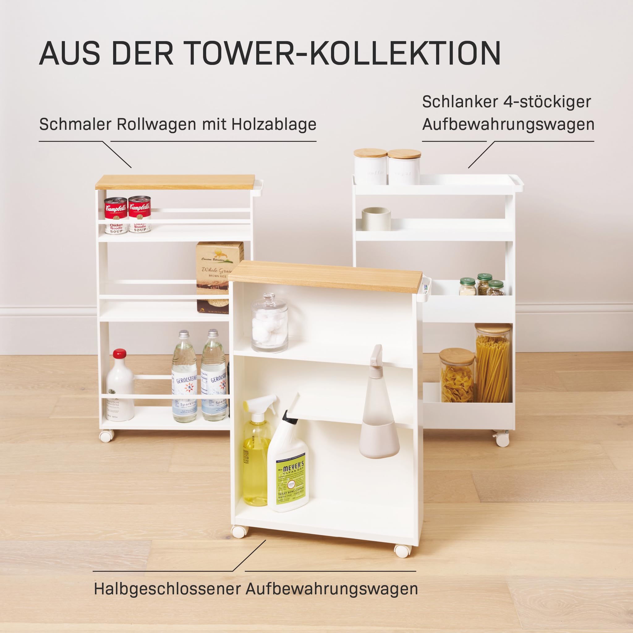 YAMAZAKI Tower Halbgeschlossener Aufbewahrungswagen aus Stahl - mit Holzablage/Rollen, schmal, modern - 47,5 x 13 x 68 cm, Japanisches Design, weiß