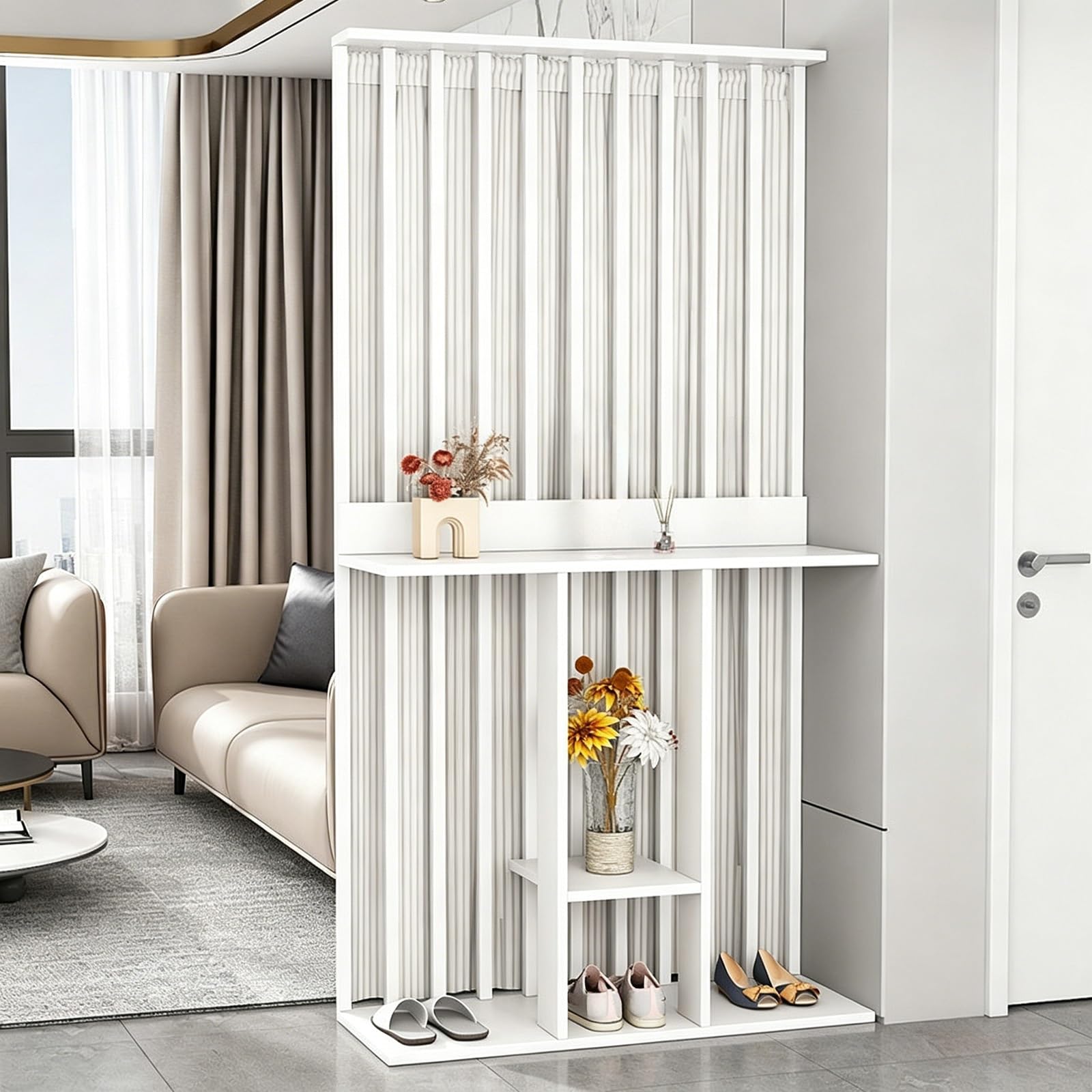 Wall Room Divider, Freestanding Slatted Partition with Shelves, Modern Slim Privacy Screen for Entryway, Living Room and Hallway(White+White (Curtain),100cm)