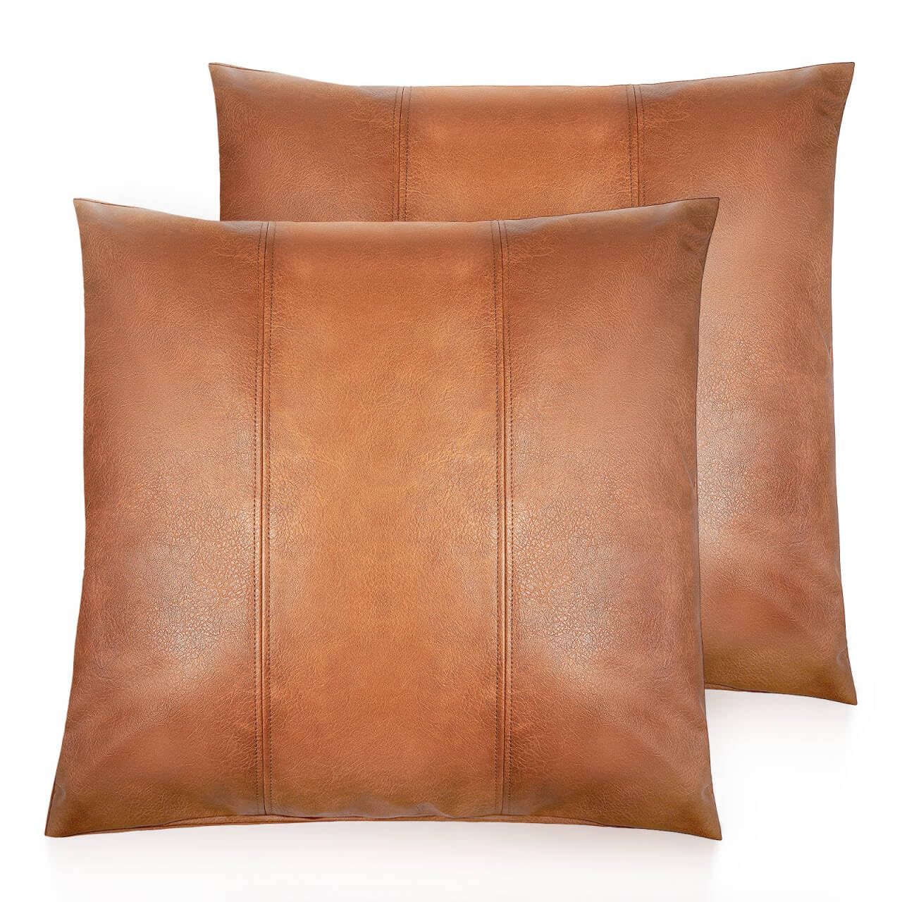 AOOTOOLINK Faux Leather Throw Pillow Covers 20X20 Inch Set of 2 Brown Outdoor Modern Farmhouse Solid Decorative Pillow Covers for Room Couch Living