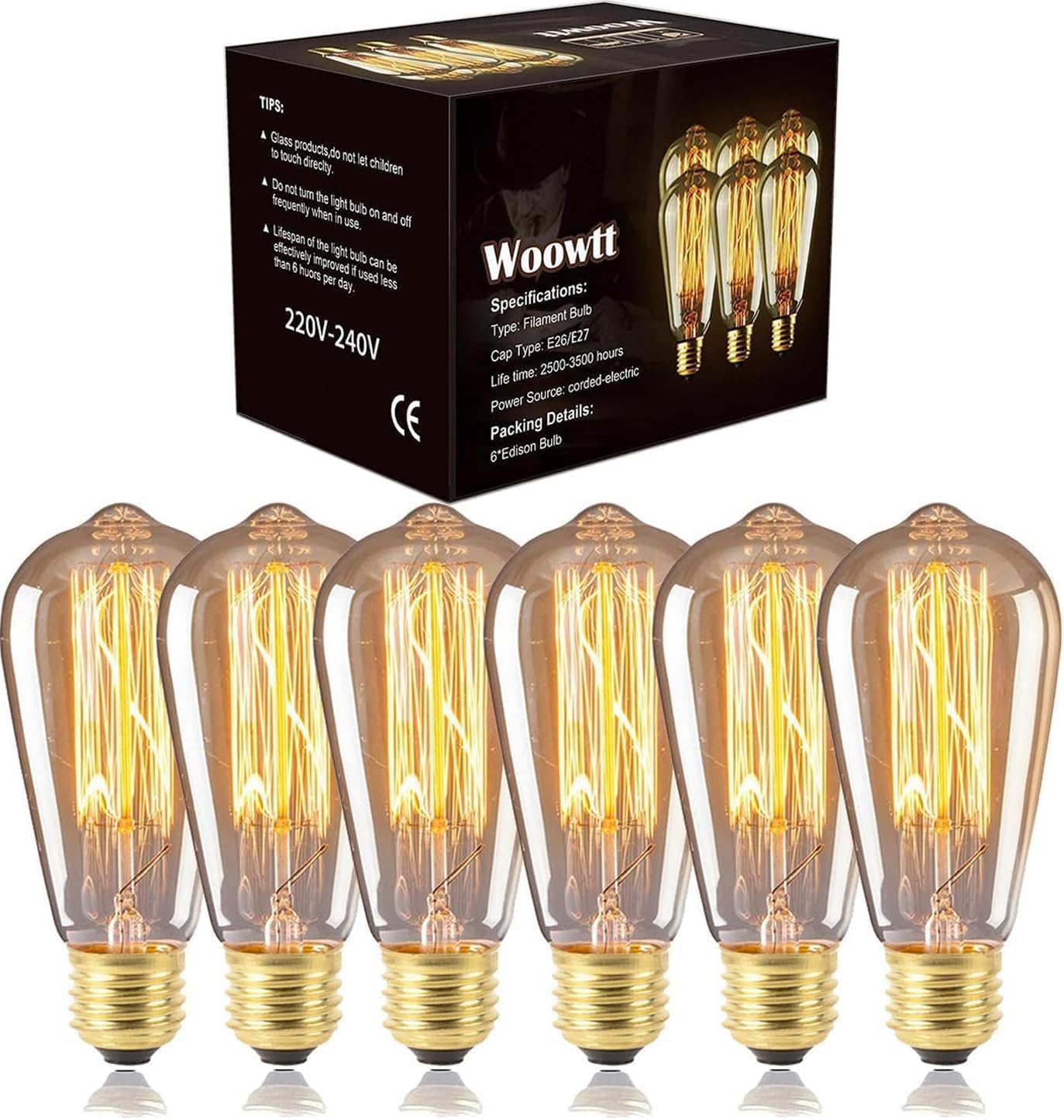 Woowtt Vintage Edison Light Bulbs, E27 Filament Bulb 40W ST64 Screw Bulb Dimmable Squirrel Cage Warm White, Pack of 6 [Energy Class C]