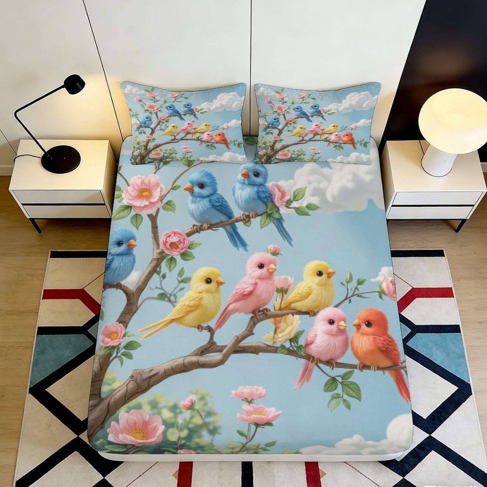 3D Printed Colorful Birds Fitted Sheet Microfiber Soft Floral Branch Mattress Cover for Bedroom Guestroom Dorm Decor 90x200x25cm