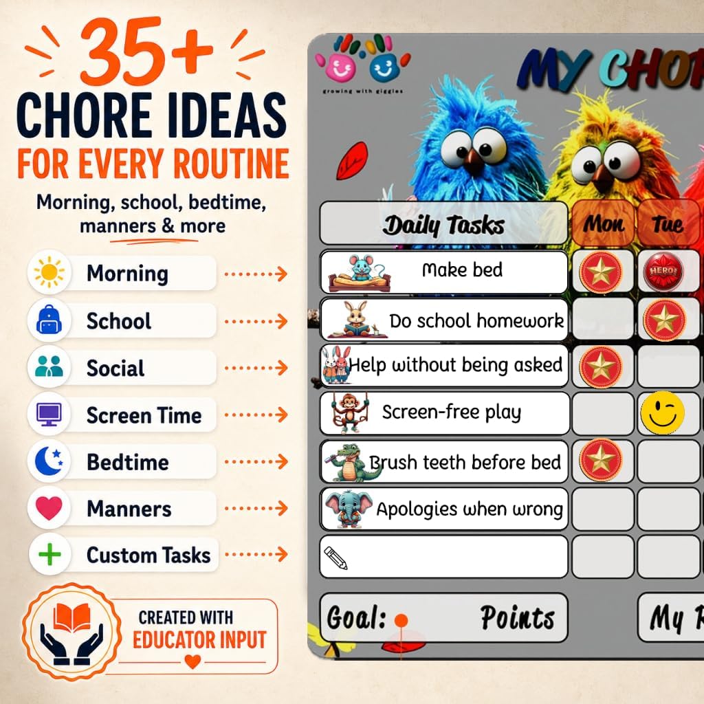 Mimi Doodle Magnetic Chore Chart for Kids – 16x12 Dry Erase Daily Responsibility Board for Fridge with 39 Chore tabs, 100 Reward Stickers – Behavior Chart for Kids at Home – Birds Theme