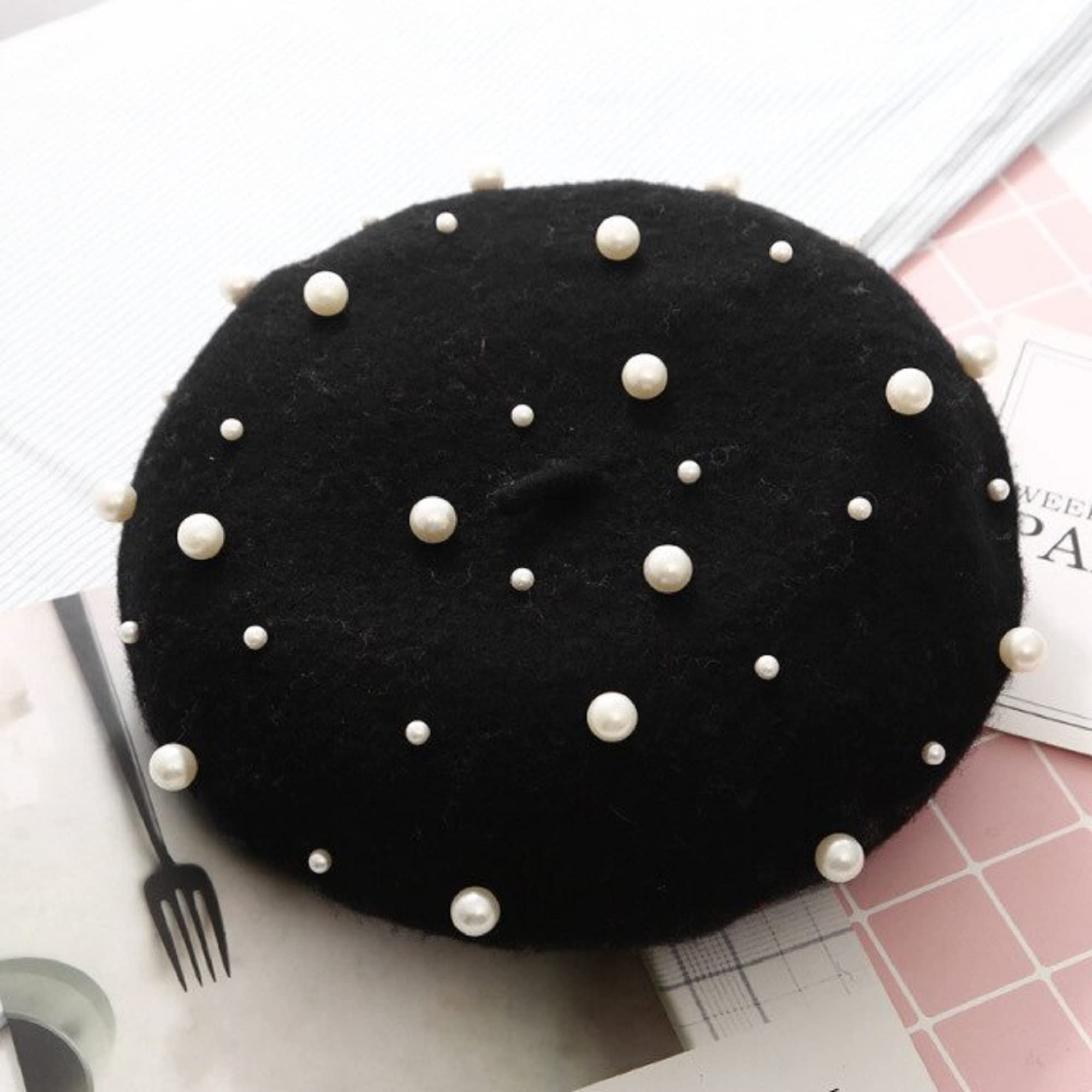 Ventewa Swiss Winter Warm French Ski Cap Pearl Beret Hat Artist Lady Beanie Women (Black) - Image 2 thumbnail