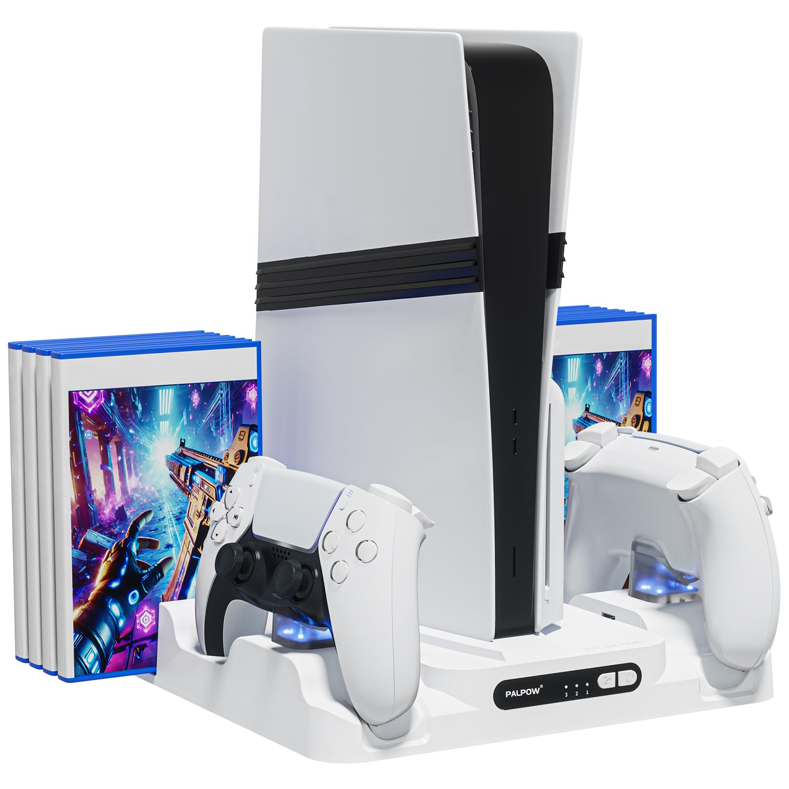 Supporto di raffreddamento PALPOW compatibile con PS5 Pro/Slim/PlayStation 5, disco e caricabatterie digitale per accessori PS5 - Ventola a 3 velocità, illuminazione LED - Bianco