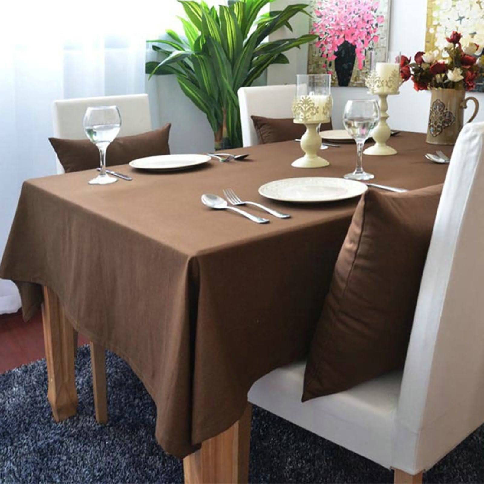 Tischdecke Klein Set Kitchen Table Cloth Schlichtheit In Reiner Farbe Tischdecke Baumwolle Gestreift Tischschoner Unterlage rutschfest Braun Tischschutz Dekoration 140X200Cm