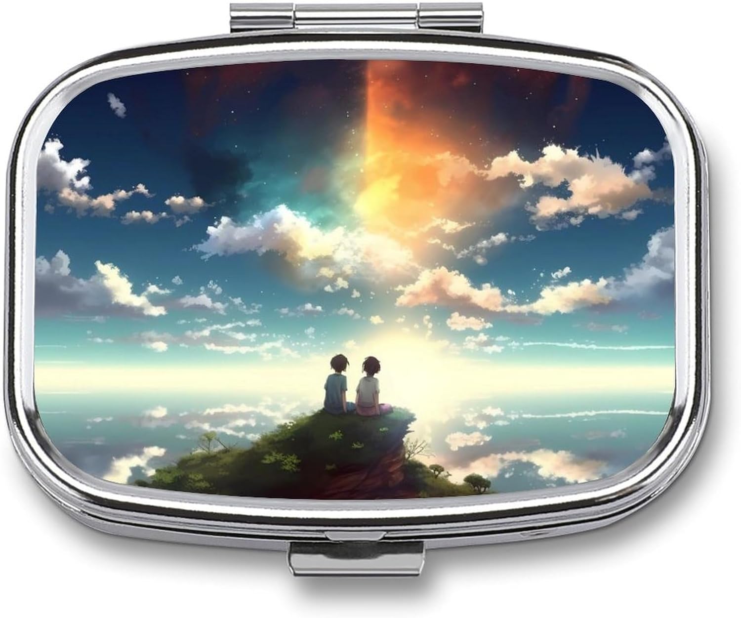 Anime Sky Pill Box 2 Compartments Portable Travel Pill Case Mini Medicine Organizer for Pocket Purse Metal Waterproof Medicine Container Holder Vitamin Fish Oil