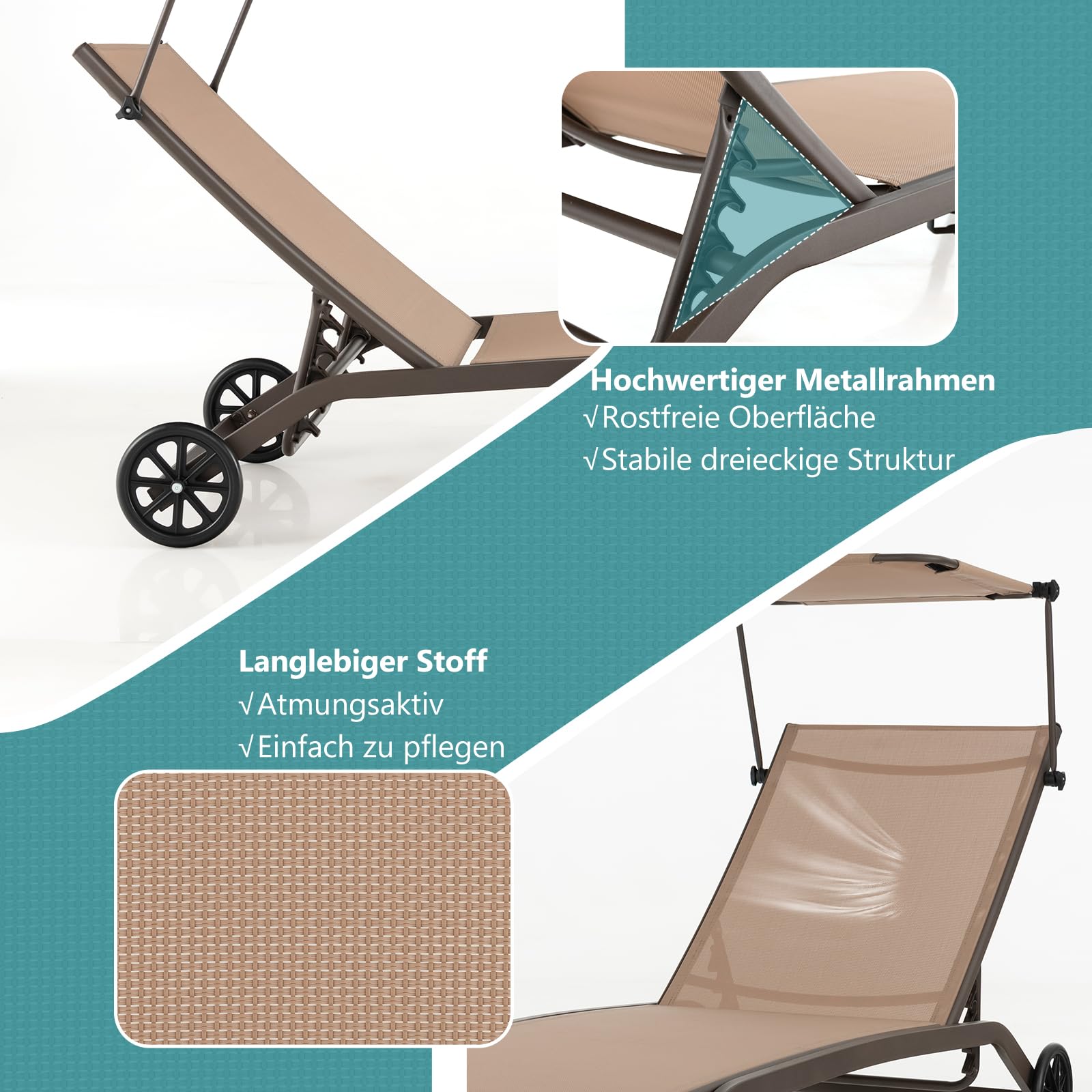 GOPLUS Gartenliege, Sonnenliege mit Dach, Liegestuhl Garten mit Rollen & Getränkehalter, Rücklehne 6 stufig verstellbar, Gartenliege wetterfest, bis 150kg belastbar, 165 x 61 x 96cm (Braun)