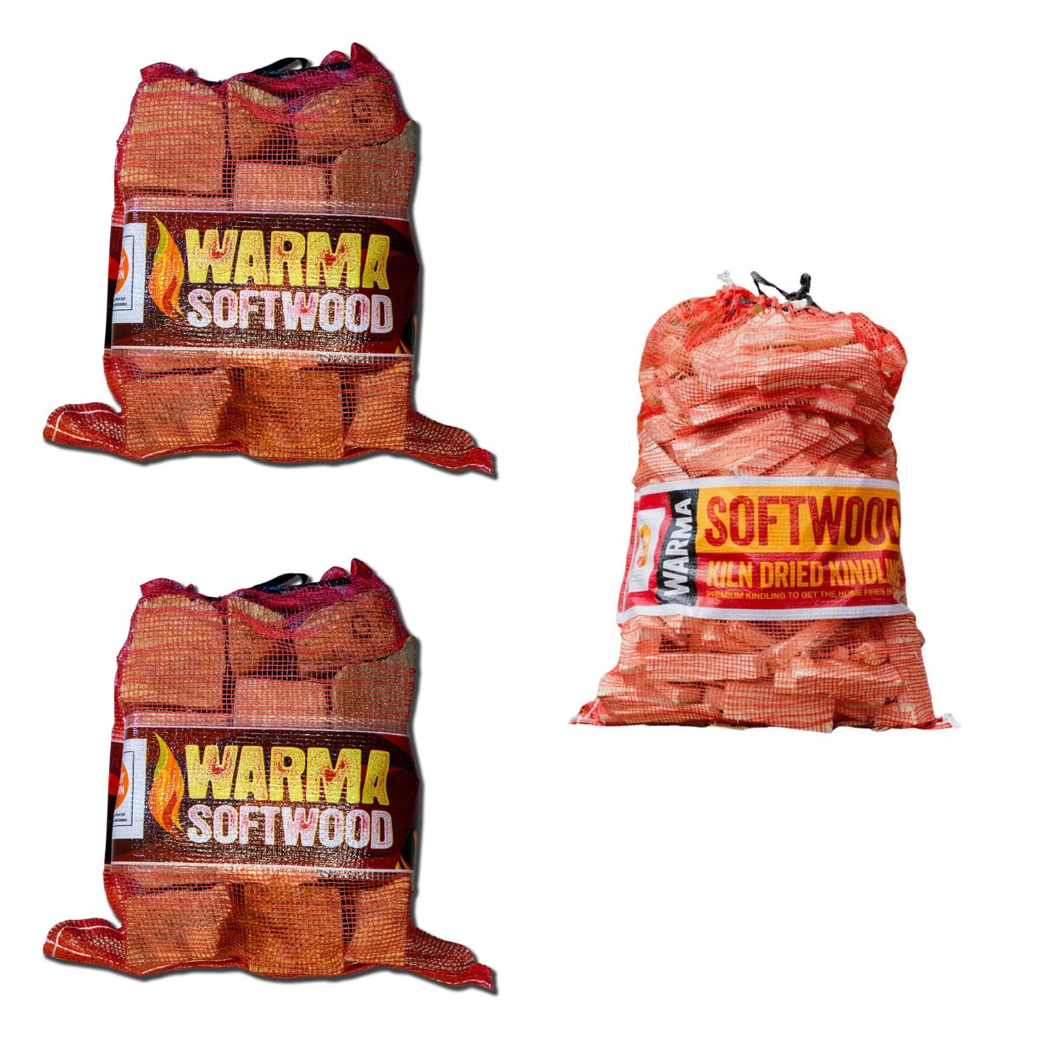 Warma Beige 25L Nets Of Softwood, 27L Nets Hardwood Logs & 4Kg Kindling Nets Firewood - Kiln Dried Wood - For Outdoor Open Fire Pits Wood Burners Coal Stoves Log Burners - 2 X Softwood & 1 X Kindling Nets