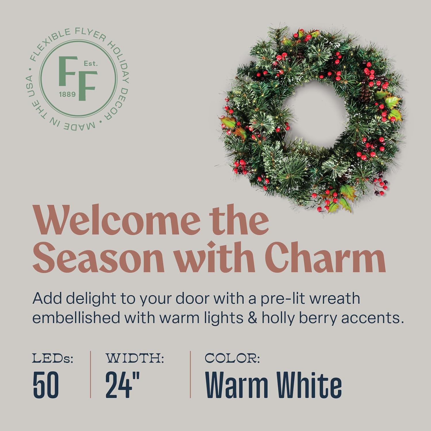 Flexible Flyer Battery Operated Wreath for Front Door. Pre-Lit Evergreen Xmas Lighted Holiday Christmas Outdoor Timer, 24", Holly Berry