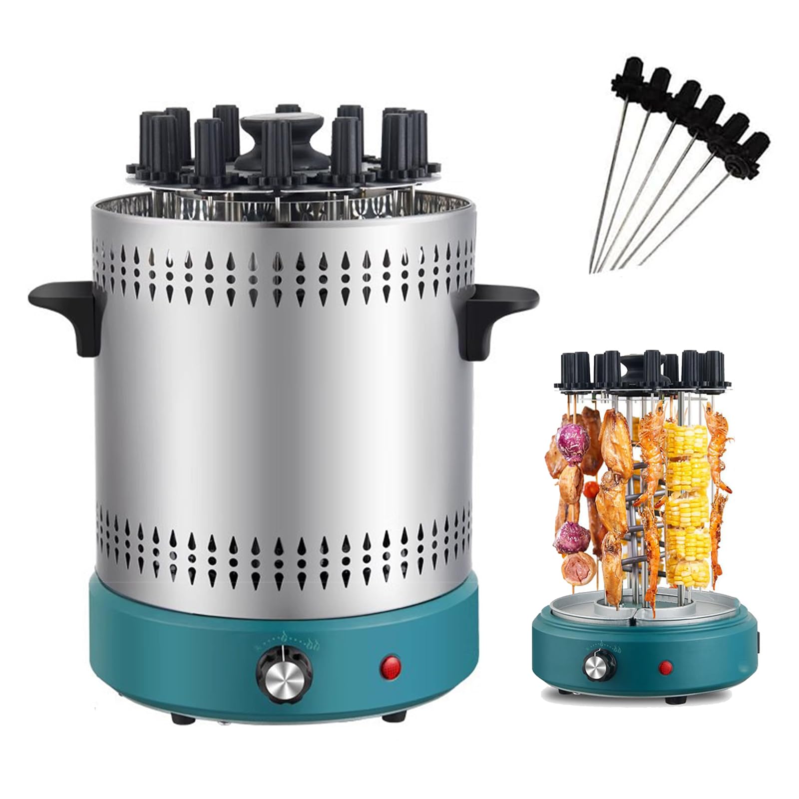 Elektryczny grill bezdymny – obrotowy grill o mocy 1200 W z 12 widelcami, równomierne nagrzewanie i regulowana temperatura – idealny do domowej kuchni restauracyjnej