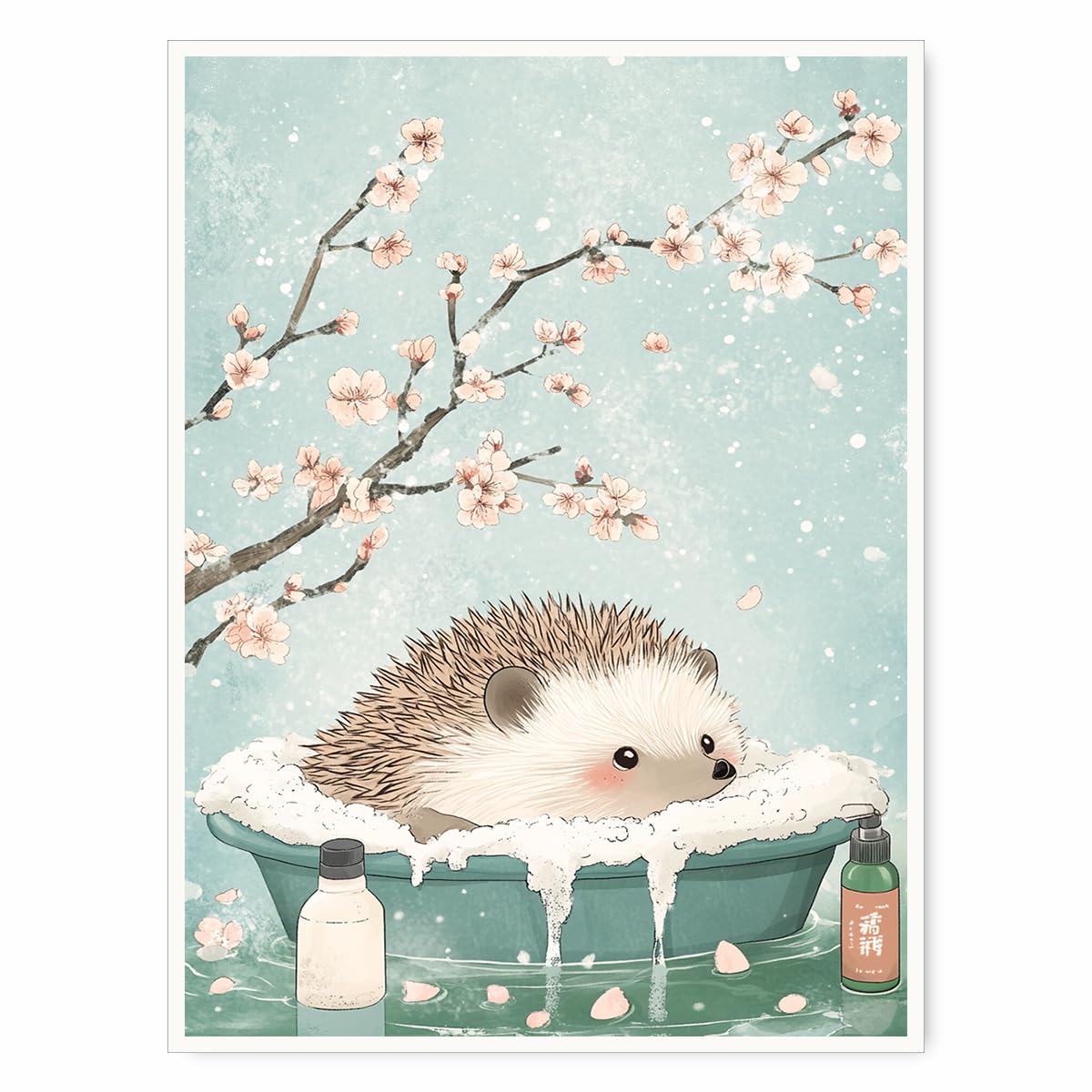 Hedgehog in Bathtub Wall Art – Japanese Aesthetic Animal Poster,Minimalist Bathroom Print,Cute Hedgehog Artwork for Spa,or Japandi-Inspired Decor-