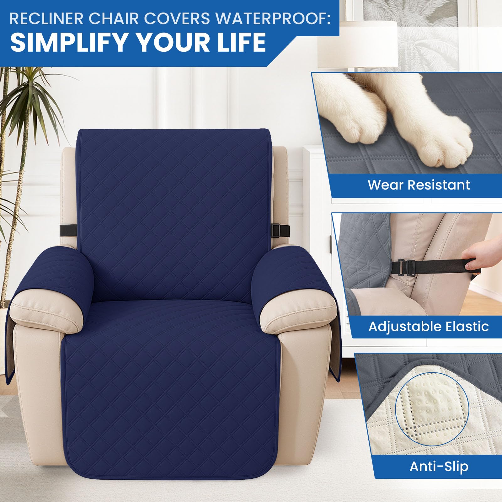 YSTELLAA Copripoltrona Relax Reclinabile Grande 1 Posto, Impermeabile Copripoltrona Universale, Copri Poltrona Con Braccioli Rimovibile, Per Casa Con Bambini E Animali Domestici, Blu Scuro