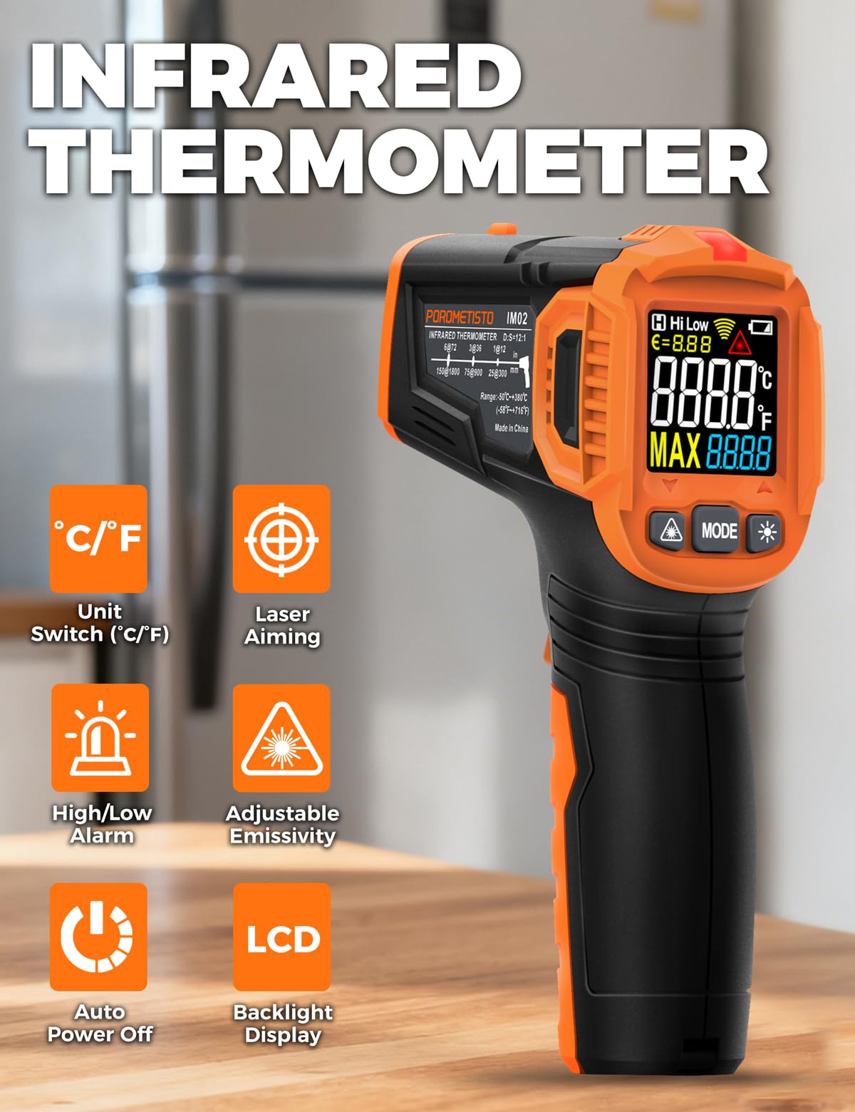 Thermomètre Infrarouge IM02 POROMETISTO, avec Fonction MAX, -50°C à 380°C | Touchless Thermometer, Alarme Haute et Basse Température et Écran LCD Rétroéclairé, pour la Cuisine, le CVC , l'Automobile