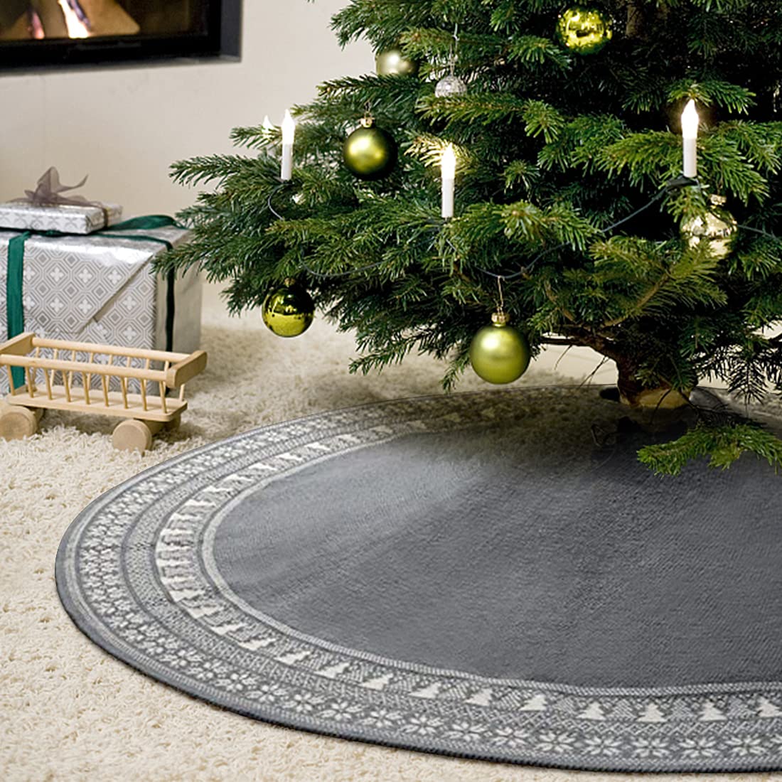 Dremisland Jupe de sapin de Noël, flocon de neige et sapin de Noël, tricotée épaisse pour une décoration de Noël chaude (122 cm, gris)