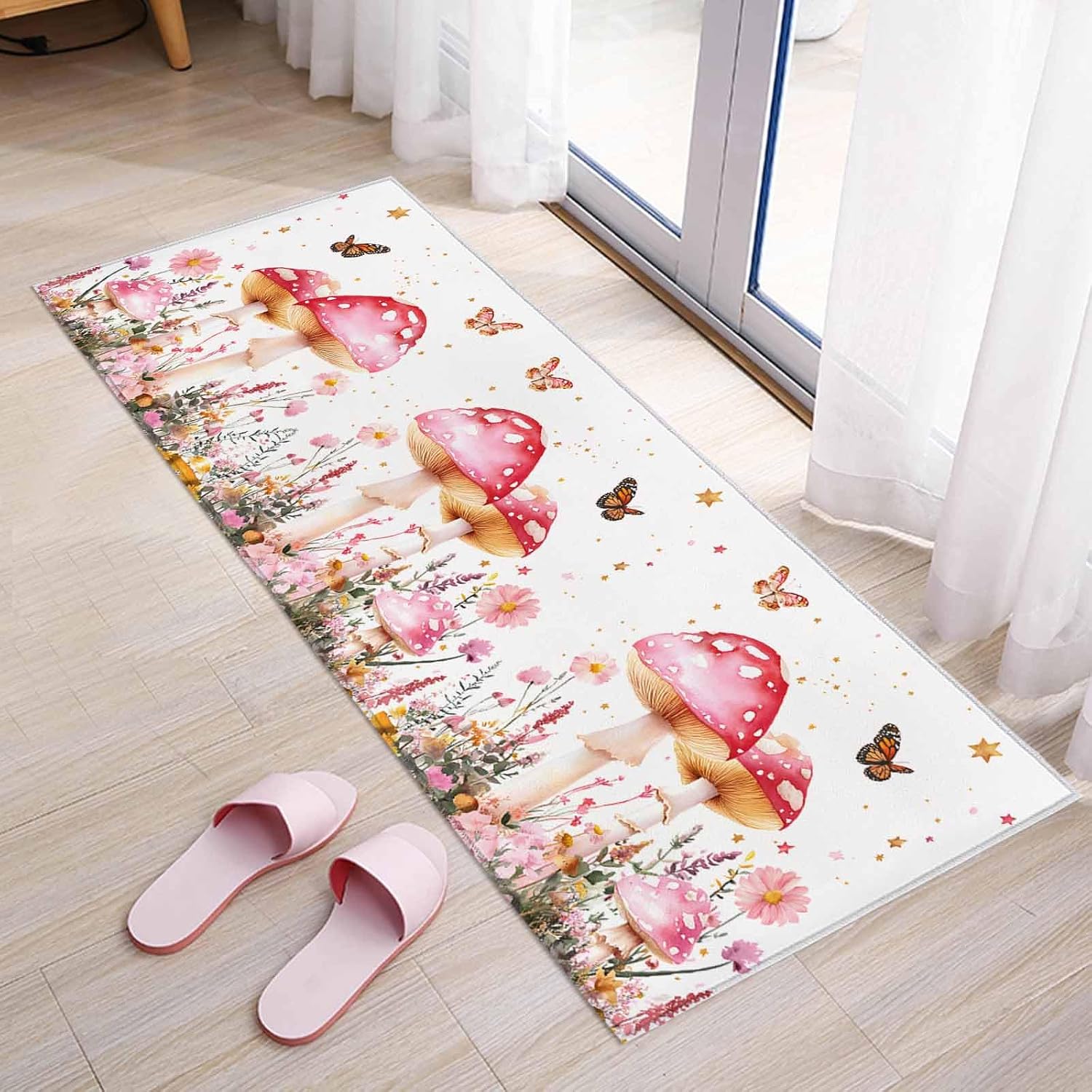 Teamery Kitchen Mats for Floor Pink Mushroom Spring Butterfly Flower Washable Non Slip Kitchen Rugs 1PCS, Farm Plant on White Absorbent Standing Mats for Sink Bathroom Office Living Room 15.7x47.2in