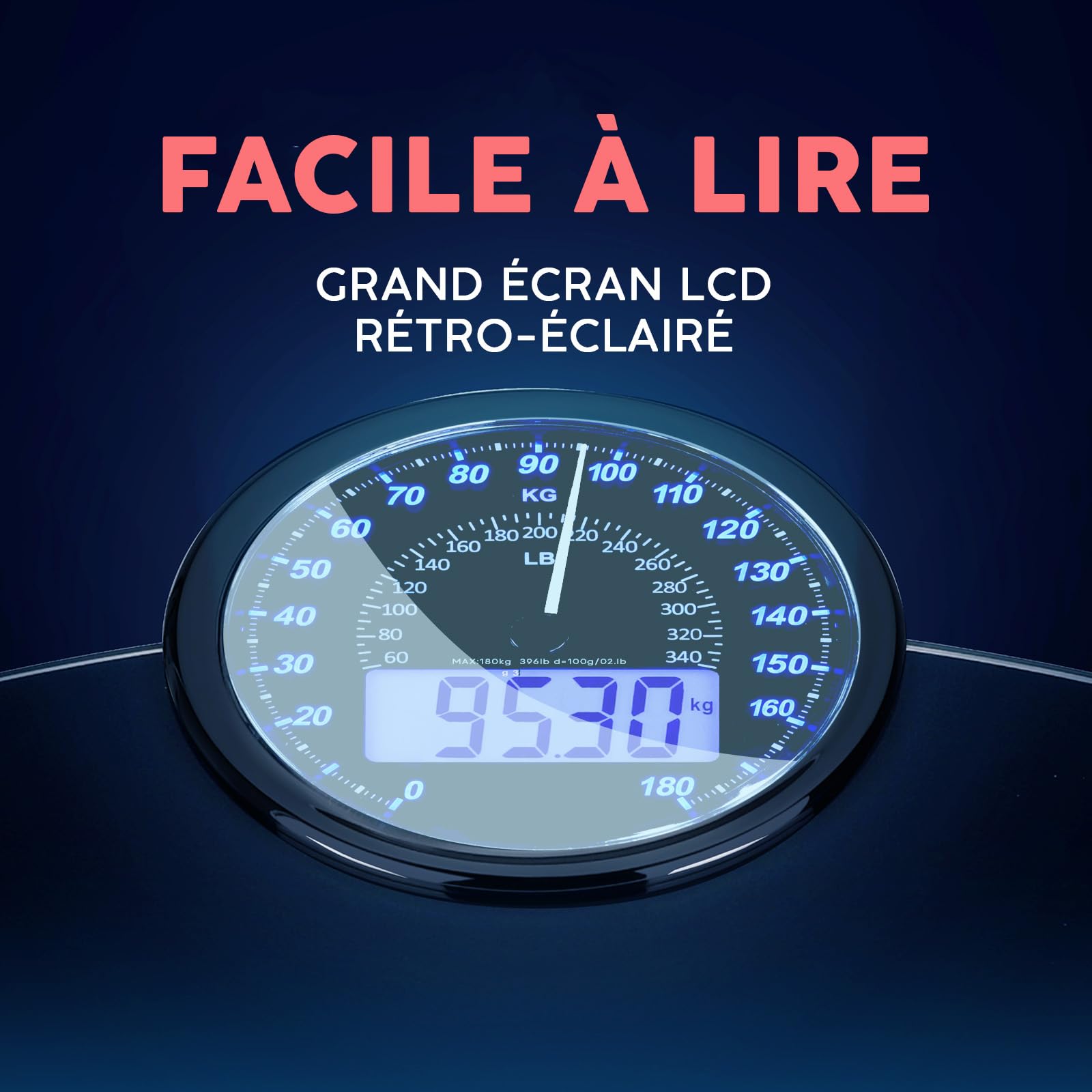 Hybrid Pèse-Personne - Analogique & Digital, Précis jusqu'à 180 kg | Lisez votre poids sur cadran analogique et LCD en même temps. Large plateau, 3 piles AAA incluses, prêt à l'emploi.