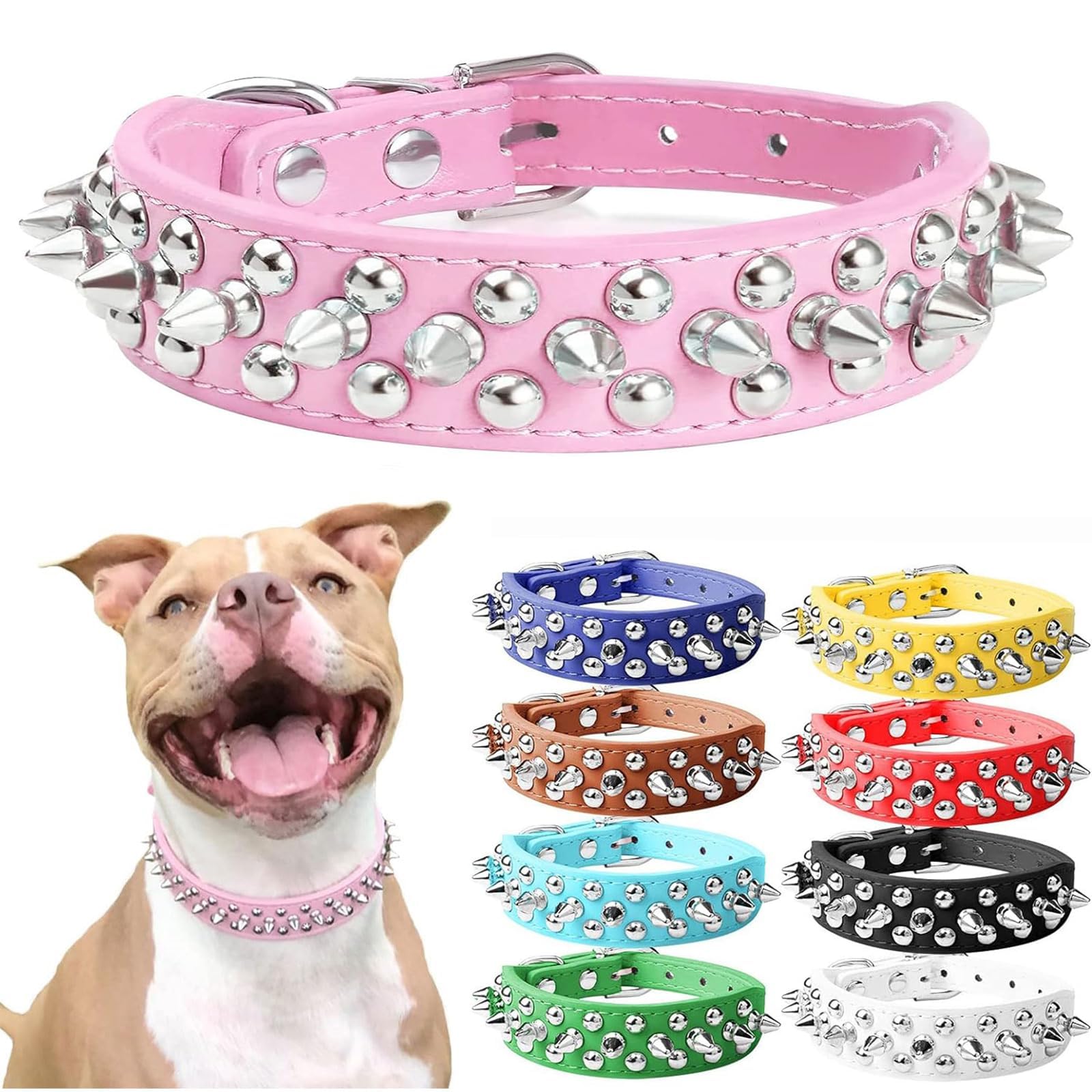 DOGGYZSTYLE Small Pink Spiked Dog Cat Collar for Small Medium Dogs Girl Female - Adjustable Studded Puppy Collars - Soft Padded Punk Leather Dog
