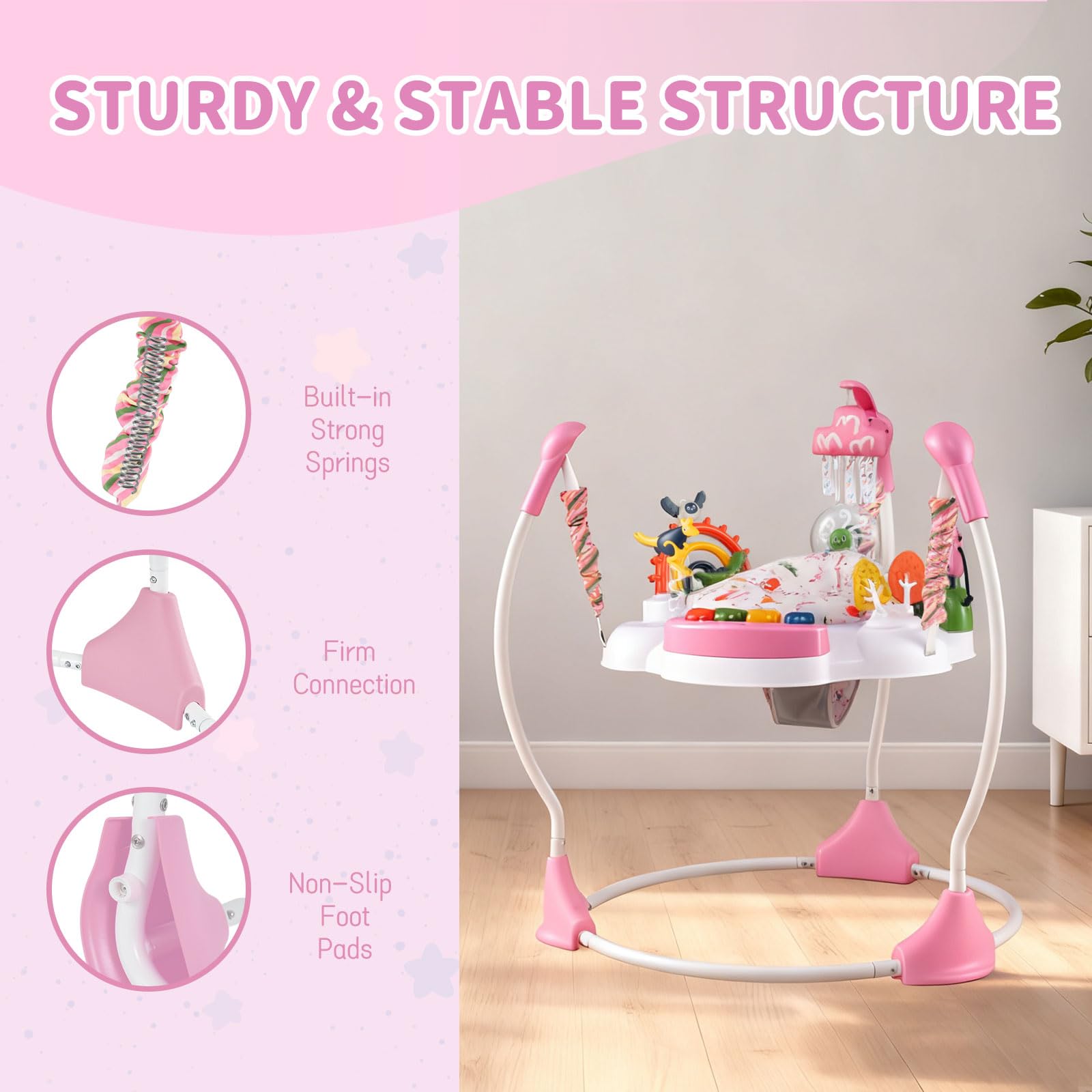 COSTWAY Baby Activity Center, Baby Jumpers & Bouncers with 360° Rotary Seat, Music, Lights, 3 Adjustable Heights, Interactive Toys, for Ages 6 Months + (Pink) — view 8