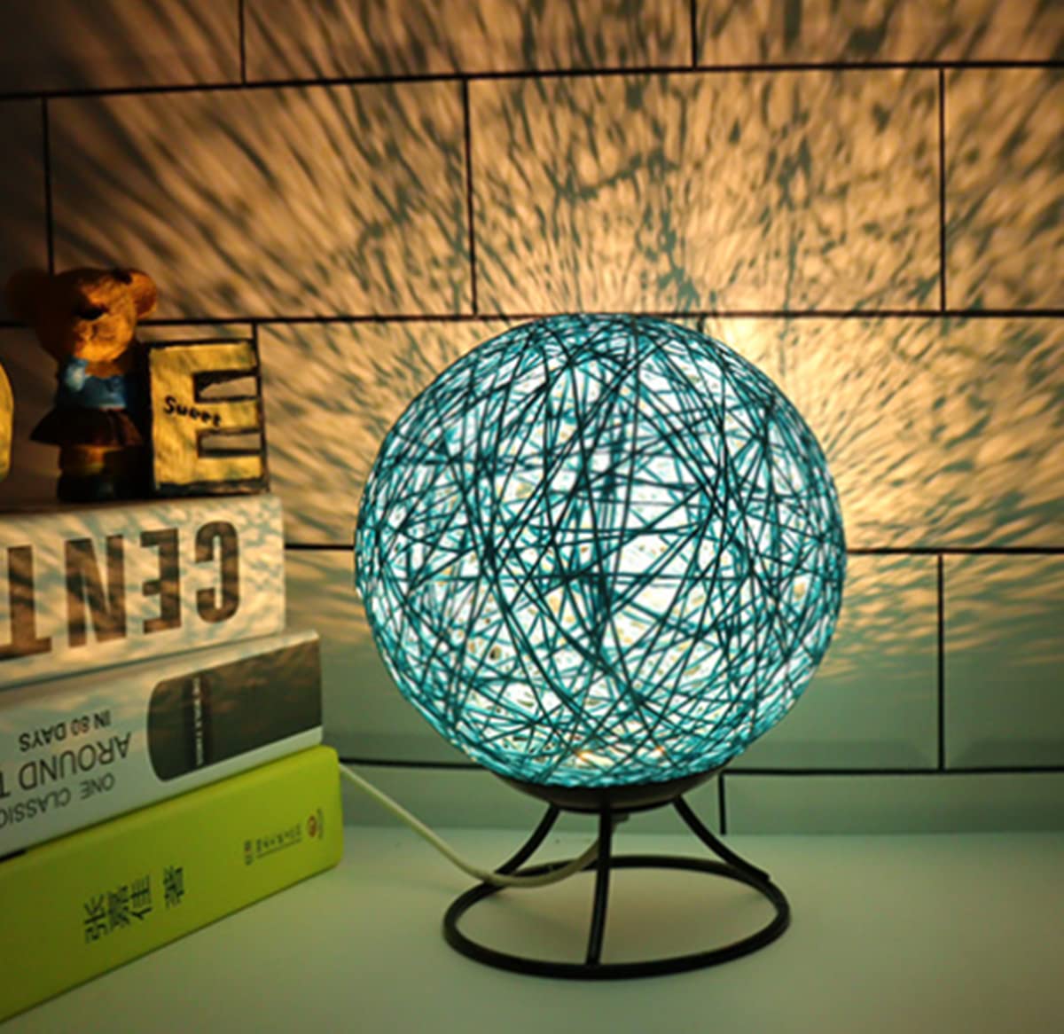 AALIN LED Table Light, Wooden Night Light Bedside Lamp Rattan Ball Desk Lamp USB Powered Reading Lamp Children Room Decoration Lamp Office Desk Lamp (Lron Frame, Blue)