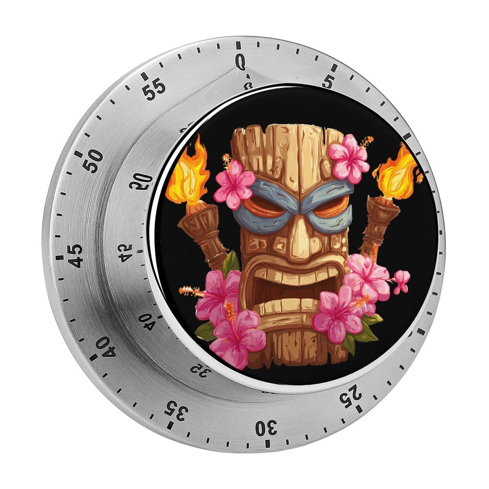 Tiki Mask Hawaiian Flowers Torches Mechanical Timer with Alarm for Kitchen Cooking Productivity Stainless Steel Timers