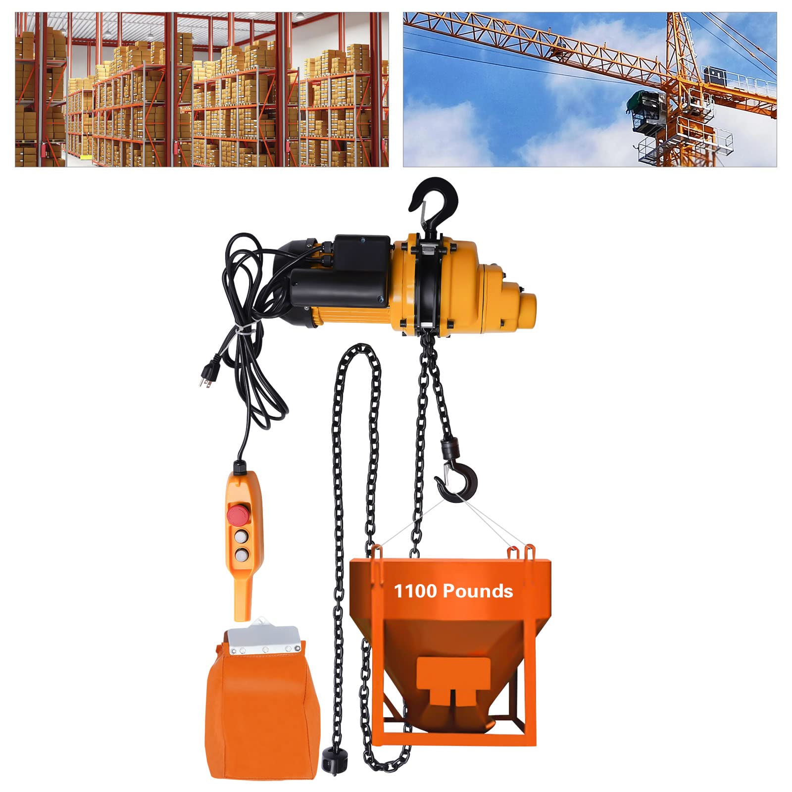 Electric Chain Hoist with 0.5T/1100lbs Load Capacity, 13.1ft Lifting Height Lifting Power System with Lifting Strap and Wired Remote Controller, 110V Crane for Factories, Docks, Warehouses, Logistics