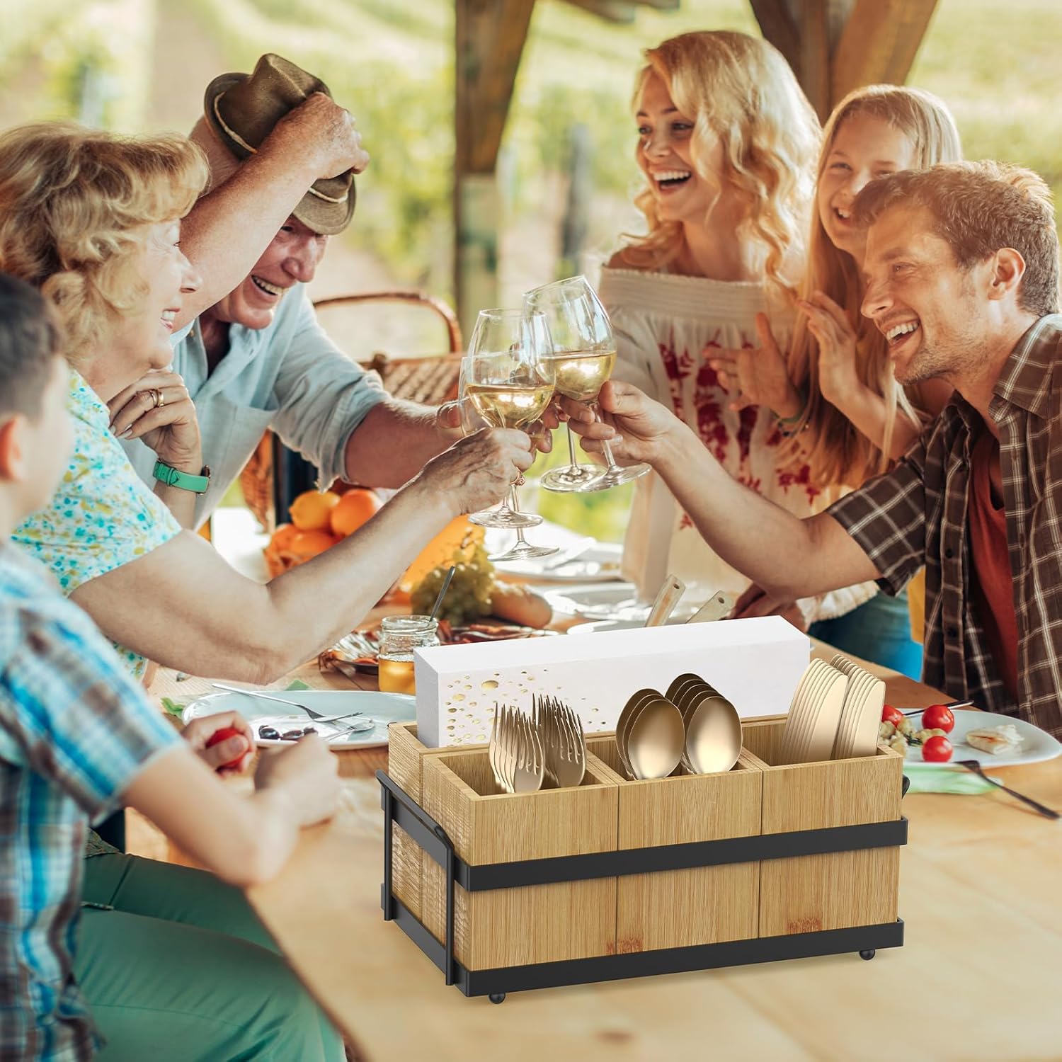 Silverware Caddy for Party, Silverware Holder with 4 Removable Compartments for Countertop Organizing Utensils, Paper Plates, Flatware, Wood Sevring Caddy