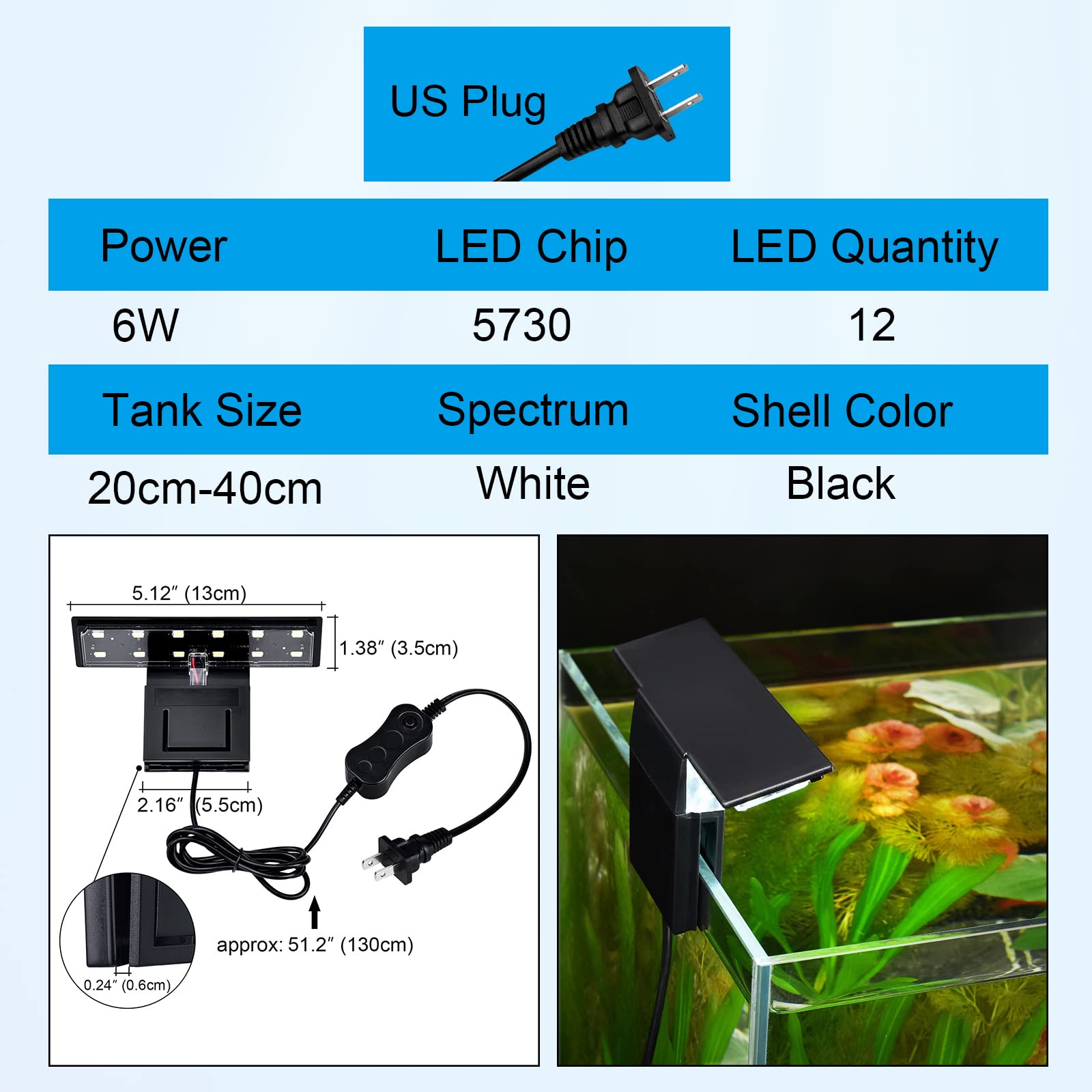 WEAVERBIRD Aquarium Light Fish Tank LED Light 6W 12 LED Planted Clip Lamp for 8-15Inch 6mm Thick Fish Tanks