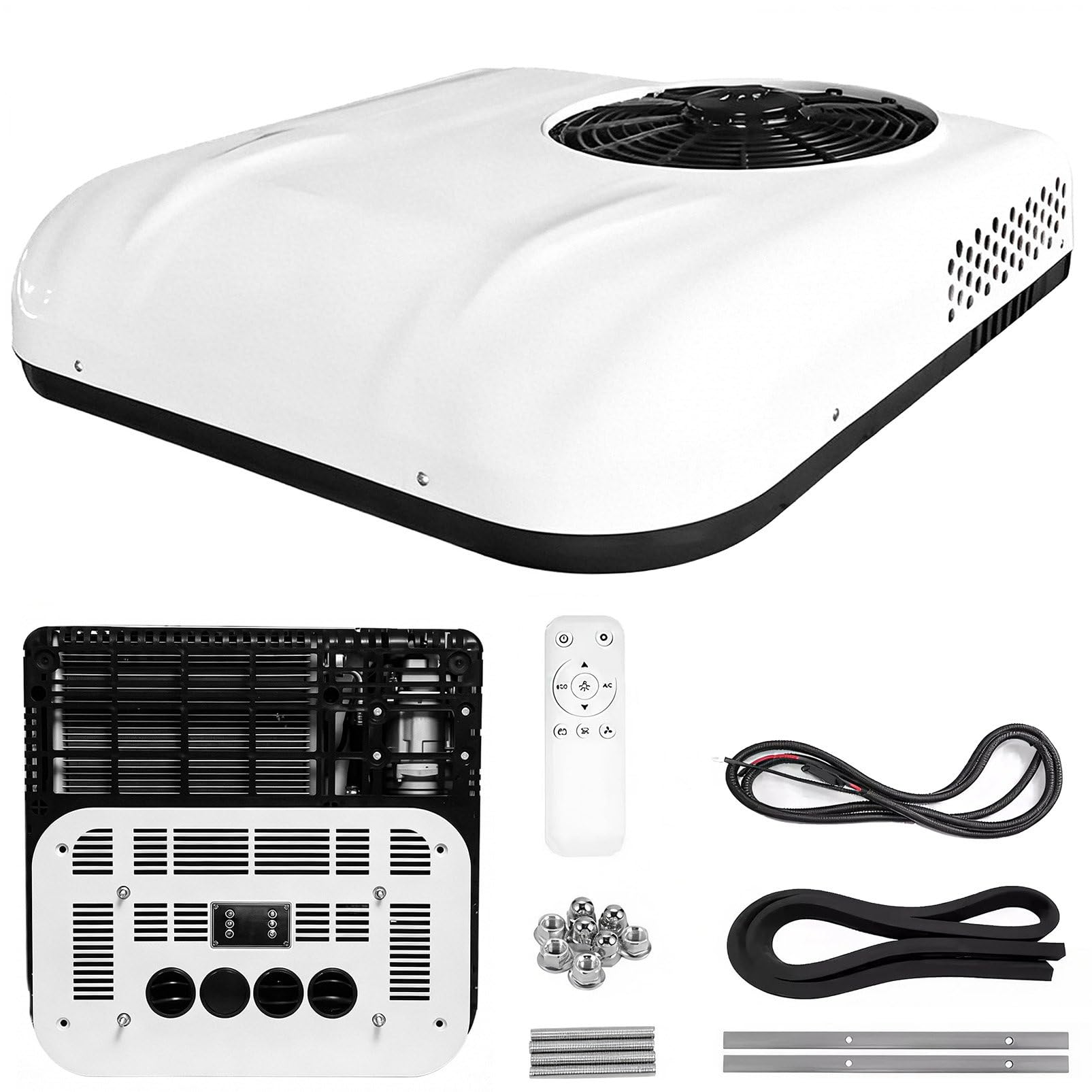 HNBYLMM 12V DC RV Air Conditioner | 9000 BTU Low Power Draw | Camper Rooftop AC Unit with Remote Control | Cooling & Heating | Battery Powered | 50dB Ultra Quiet | for Camper Van and Truck