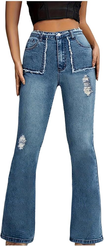 本日までHIGH WAIST BELL-BOTTOM DENIM PANTS Embroidery Butterfly Bell Bottom Jeans for Women High Waist