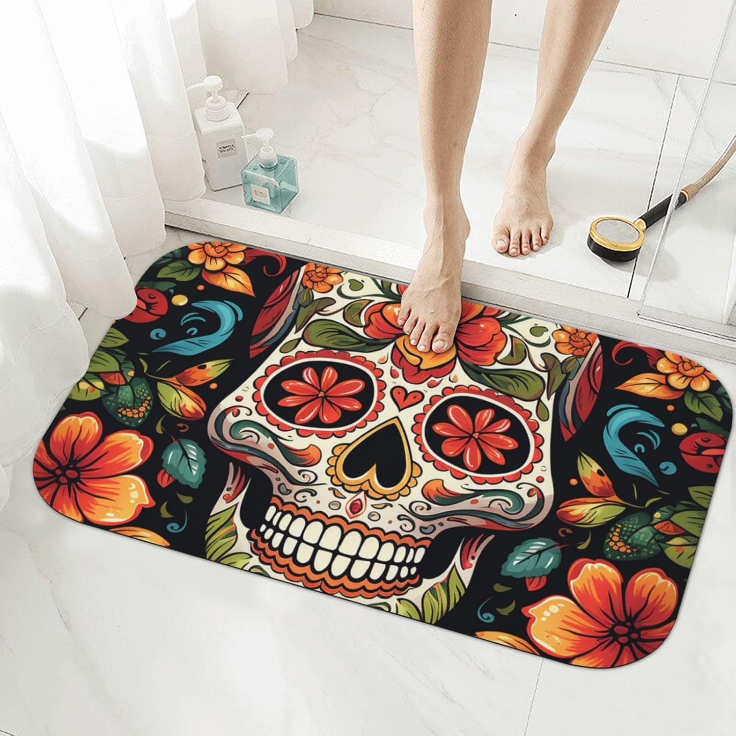 Stone Bath Mats Colorful Sugar Skull Diatomaceous Earth Bath Mat Super Absorbent Bathroom Floor Mat Quick Drying Diatomite Shower Mat for Shower Bathtub Bathroom Accessory 19.7x31.5in