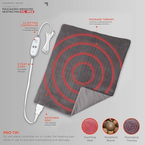 Vista 11 de Sharper Image - Almohadilla térmica con peso para masaje de calor calmante - Almohadilla térmica eléctrica con vibraciones de masaje, apagado