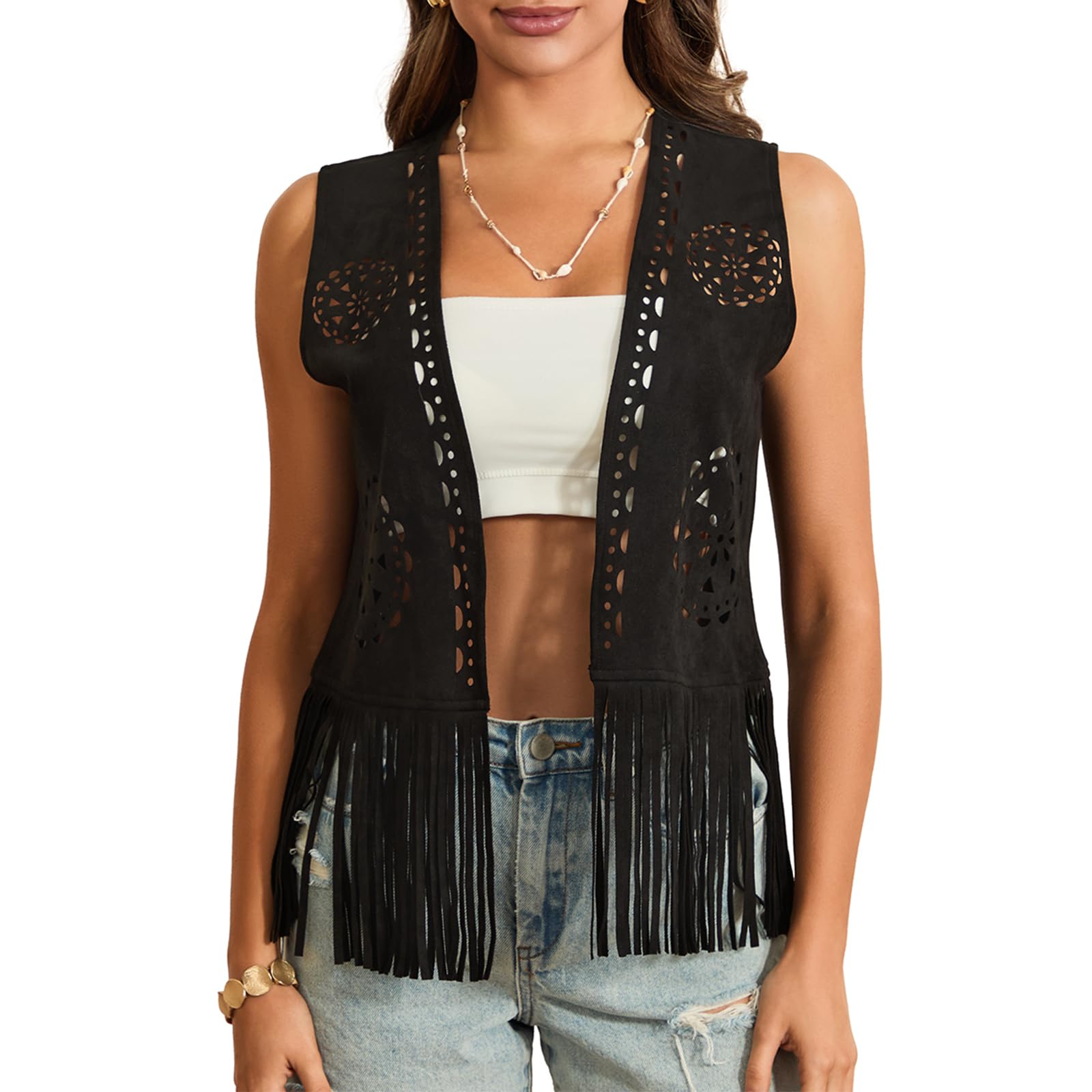 Y2K Women's Fringe Vest Hippie Costume Faux Suede Studded Tassel Sleeveless Cowgirl Western Costume Jacket Outerwear-picture-14