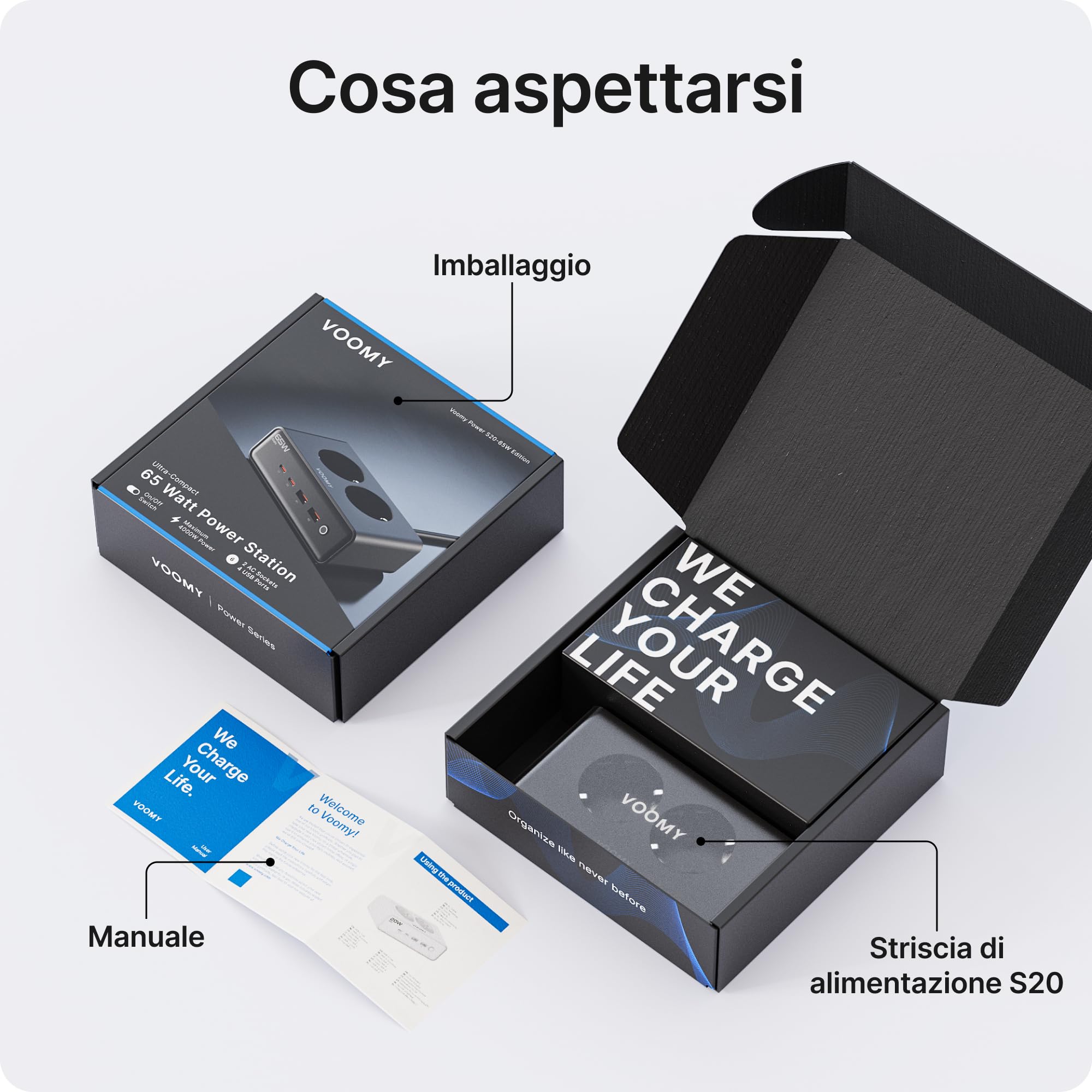 VOOMY Ciabatta Multipresa con 65W Carica Rapida, Presa Multipla Salvaspazio con 2 Spina AC, Ciabatta Multipresa con 2 USB-C & 2 USB-A, Interruttore e Cavo da 2m (Nero, 65W)