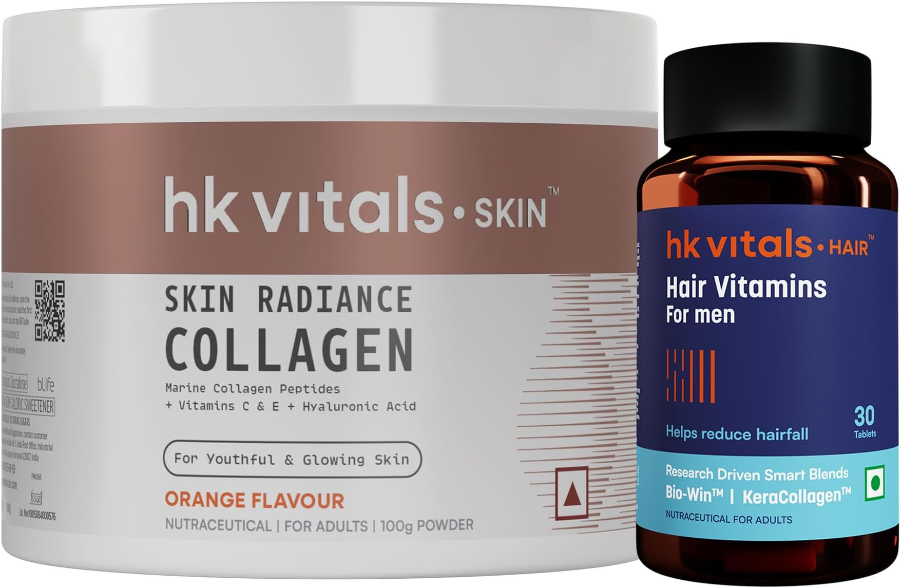 Hair Multivitamin with DHT Blockers, Omega & Biotin & Helps Reduce Hair Fall, 30 Multivitamin Capsules with Skin Radiance Collagen Supplement with Biotin, Orange, 100 g