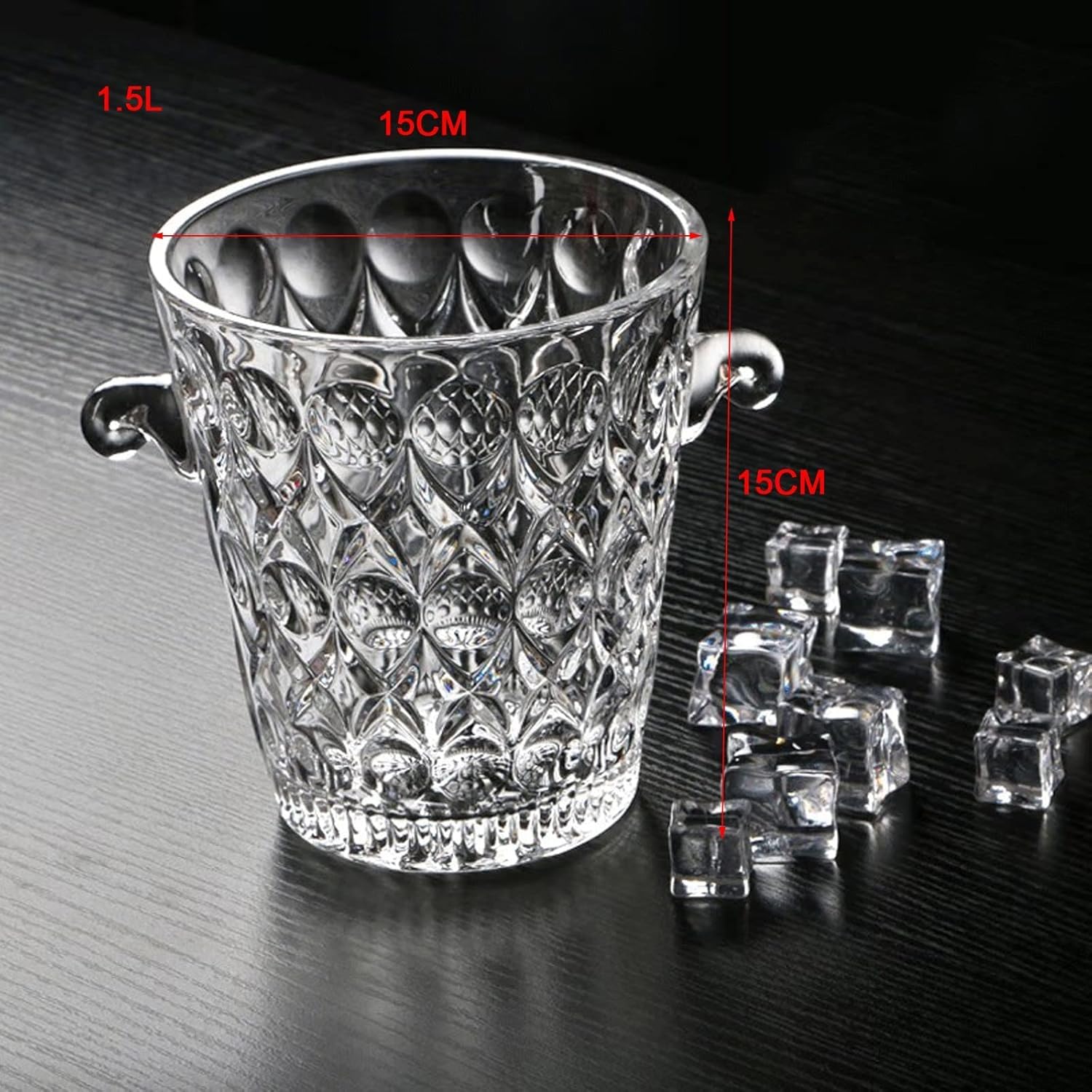 Cubitera Botella Vino Cubo de Hielo de Cristal con asa de fácil Transporte, Enfriador de Bebidas Transparente, contenedor de Hielo de 1,5 l para Vino, champán y Cerveza