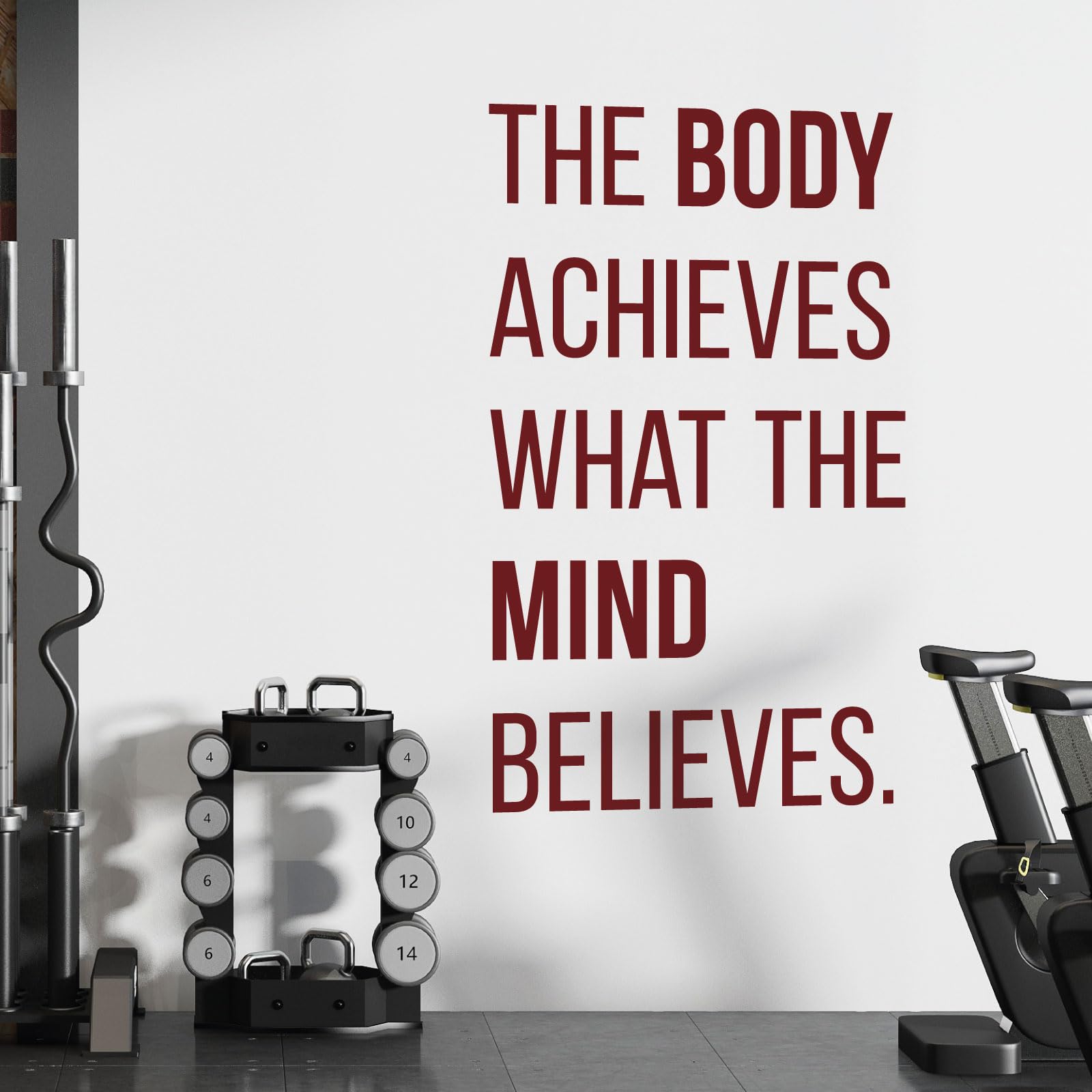 The Body Achieves What the Mind Believes - Gym Motivational Quote Decal Wall Sticker [XLarge] [Burgundy]
