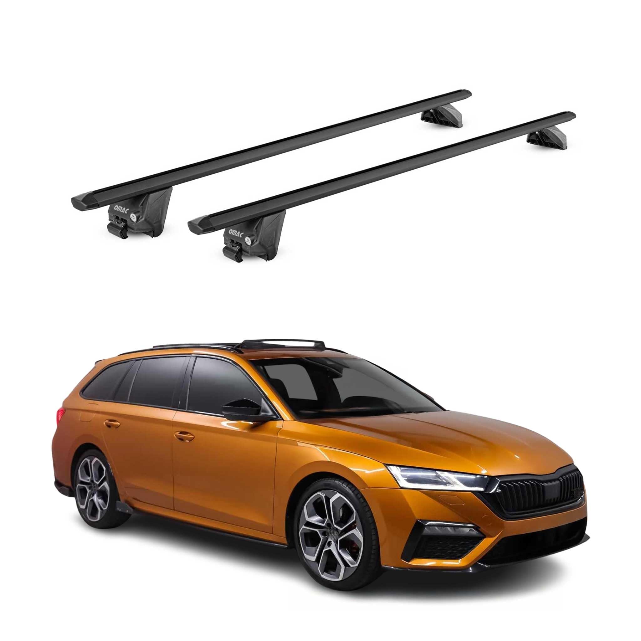 OMAC Dachträger Aluminium TÜV geprüft für Skoda Octavia IV Kombi 2020-2026 – Für integrierte Dachreling – T Nut – Max 100 kg – 2 Schlösser Schwarz