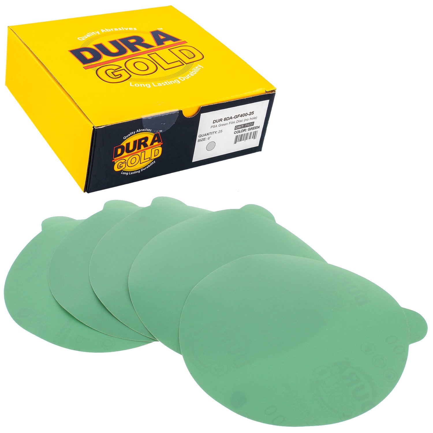 Dura-Gold Premium 6" Green Film PSA Sanding Discs - 400 Grit (Box of 25) - Self Adhesive Stickyback Sandpaper for DA Sander, Finishing Fine Cut