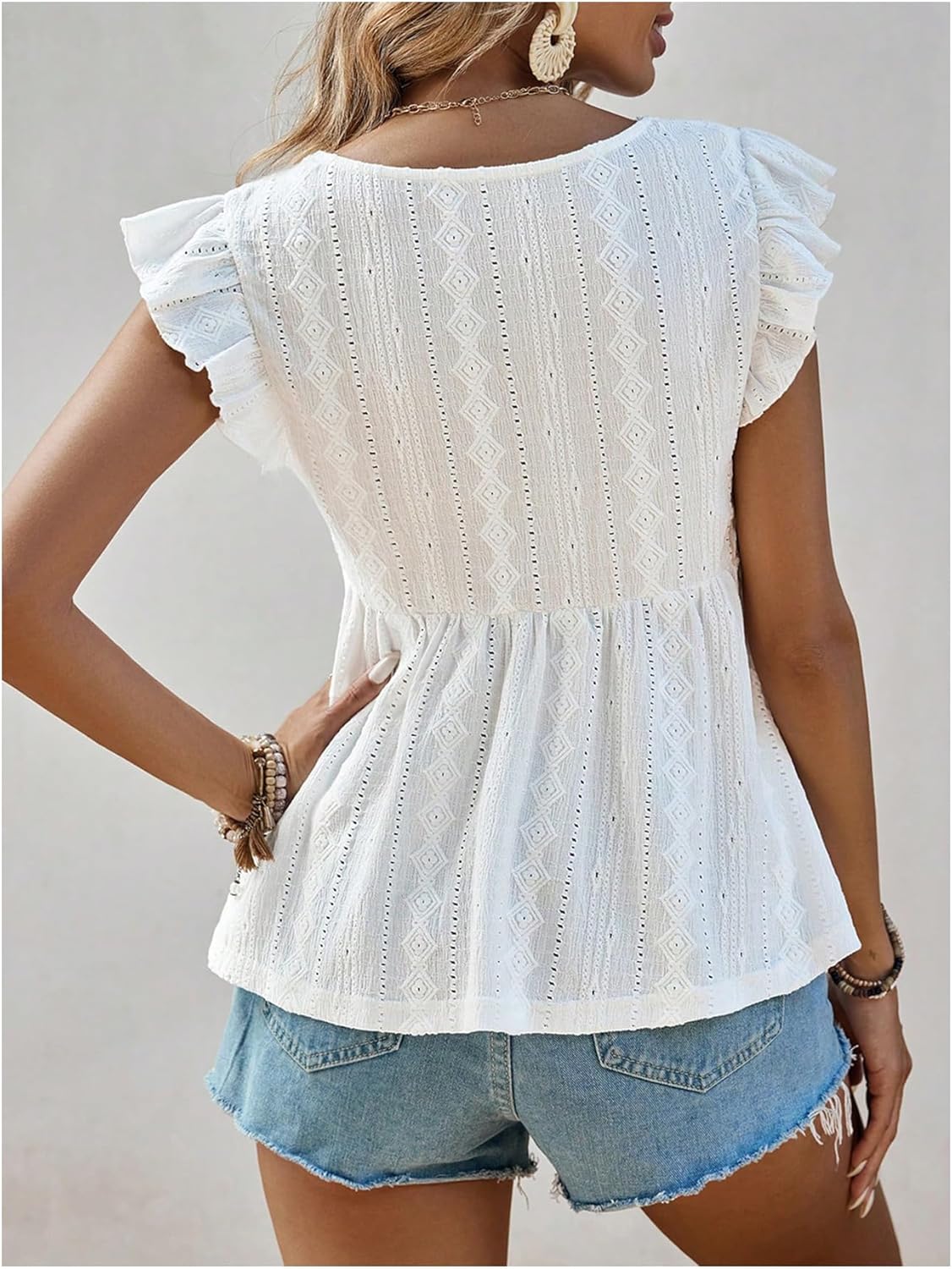 SweatyRocks Women's Lace Trimmed V Neck Ruffled Sleeve Flared Eyelet Tank Blouse Top - Image 2