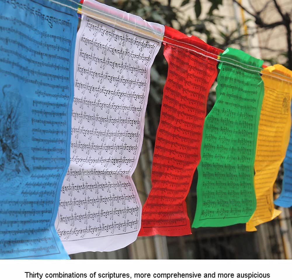 Tybetańskie flagi modlitewne/medytacja, wystrój wnętrz zen, na zewnątrz, duże flagi modlitewne Fairtrade na długim sznurku, każda flaga ma wymiary 28 × 27 cm, jest ich łącznie 30, a całkowita długość